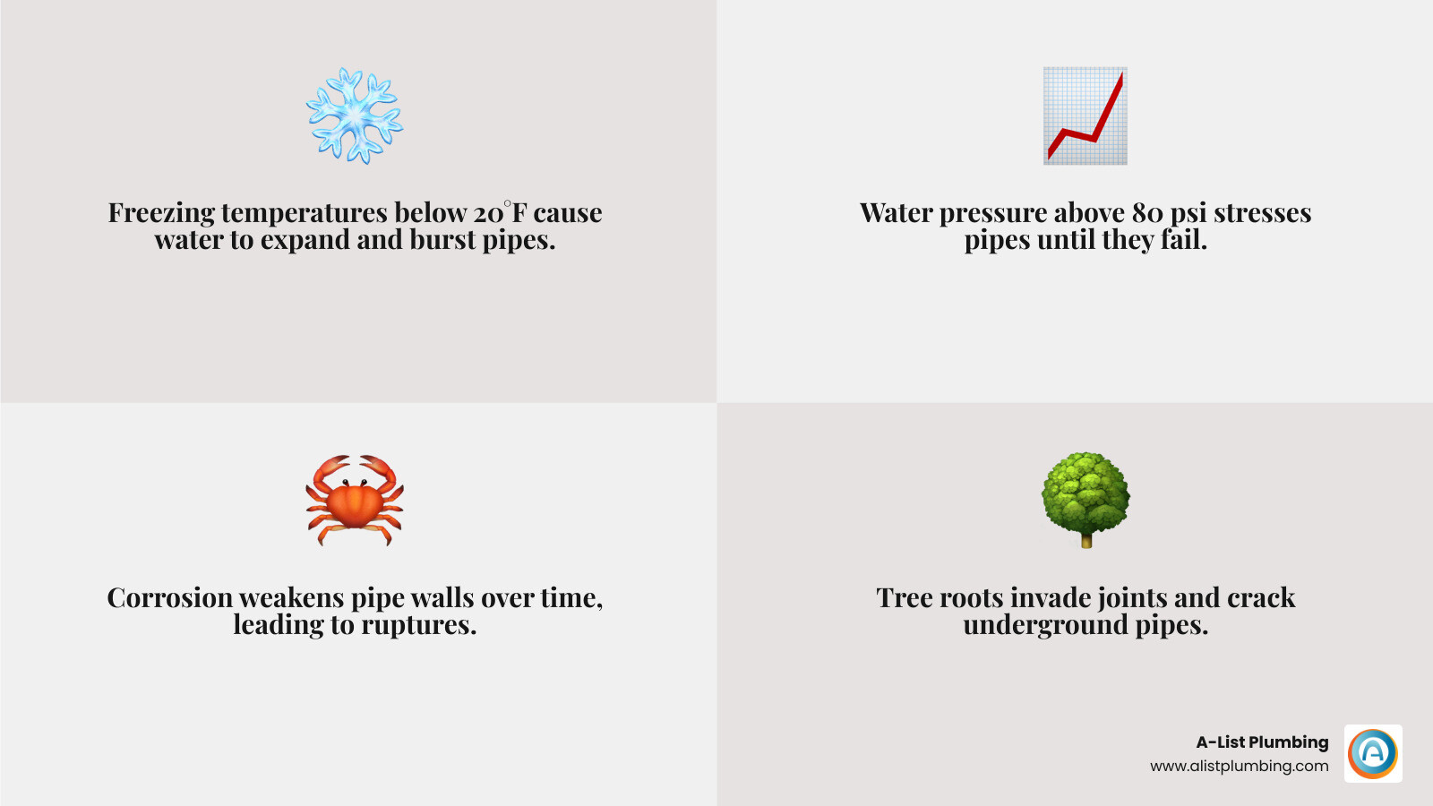 Infographic showing why pipes burst: freezing temperatures, high water pressure above 80 psi, corrosion, and clogs - repair