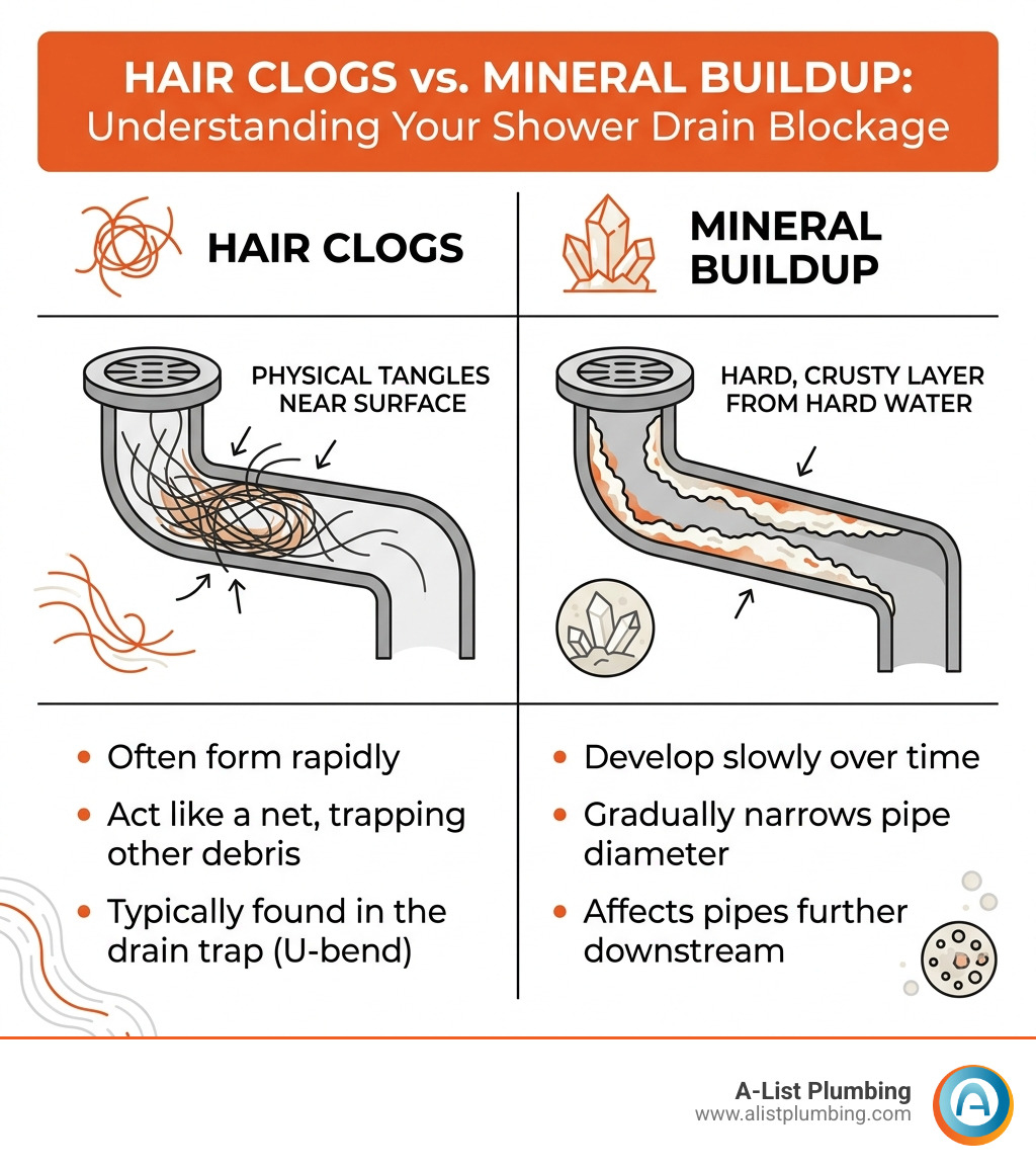 Table comparing hair clogs vs. mineral buildup: Hair clogs are physical tangles often near the surface; Mineral buildup is a Table comparing hair clogs vs. mineral buildup: Hair clogs are physical tangles often near the surface; Mineral buildup is a