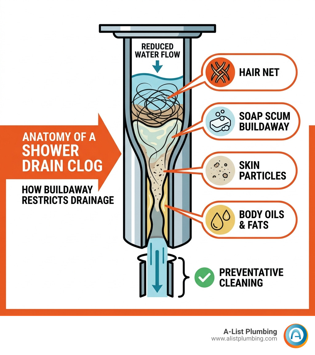 Infographic showing anatomy of a shower drain clog: hair, soap scum, skin particles, and body oils layering inside a drain Infographic showing anatomy of a shower drain clog: hair, soap scum, skin particles, and body oils layering inside a drain