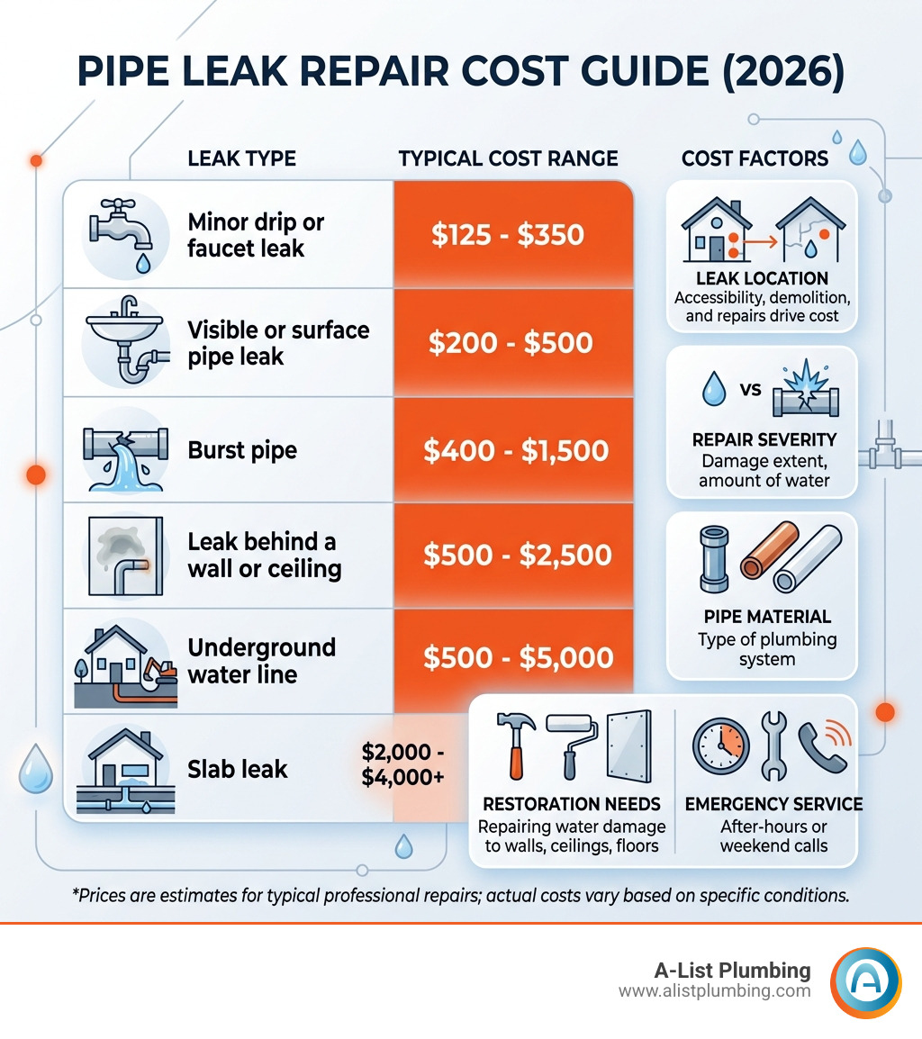 Infographic showing pipe leak repair cost ranges by type, location, and severity with key cost factors - cost to fix leaking