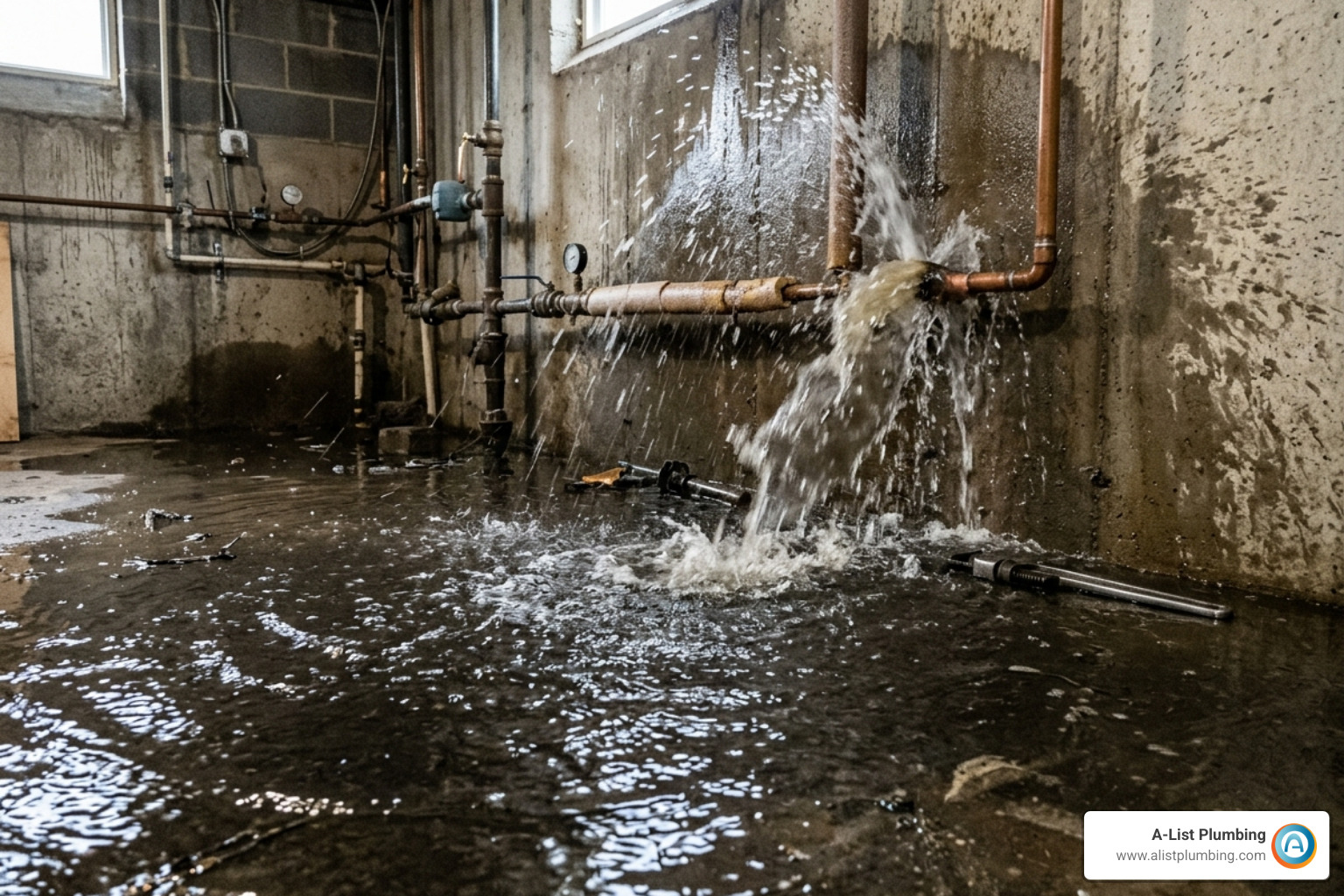 Burst pipe in a basement flooding the floor - cost to fix leaking pipe