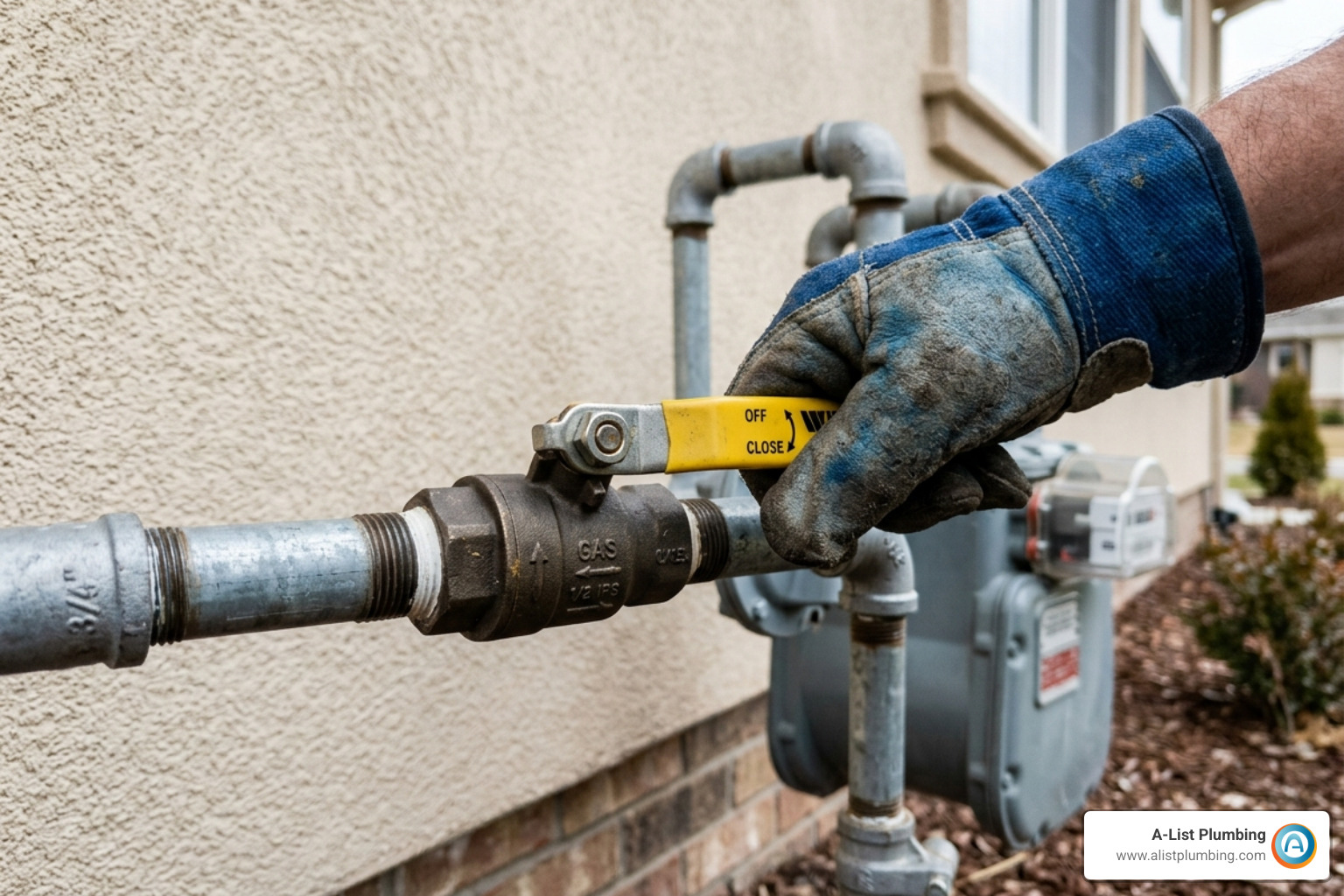 A hand turning a yellow gas shut-off valve to the off position - no hot water repair A hand turning a yellow gas shut-off valve to the off position - no hot water repair