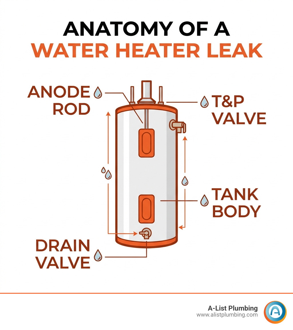 Anatomy of a water heater leak showing common failure points like drain valve, T&P valve, anode rod, and tank body - fix Anatomy of a water heater leak showing common failure points like drain valve, T&P valve, anode rod, and tank body - fix