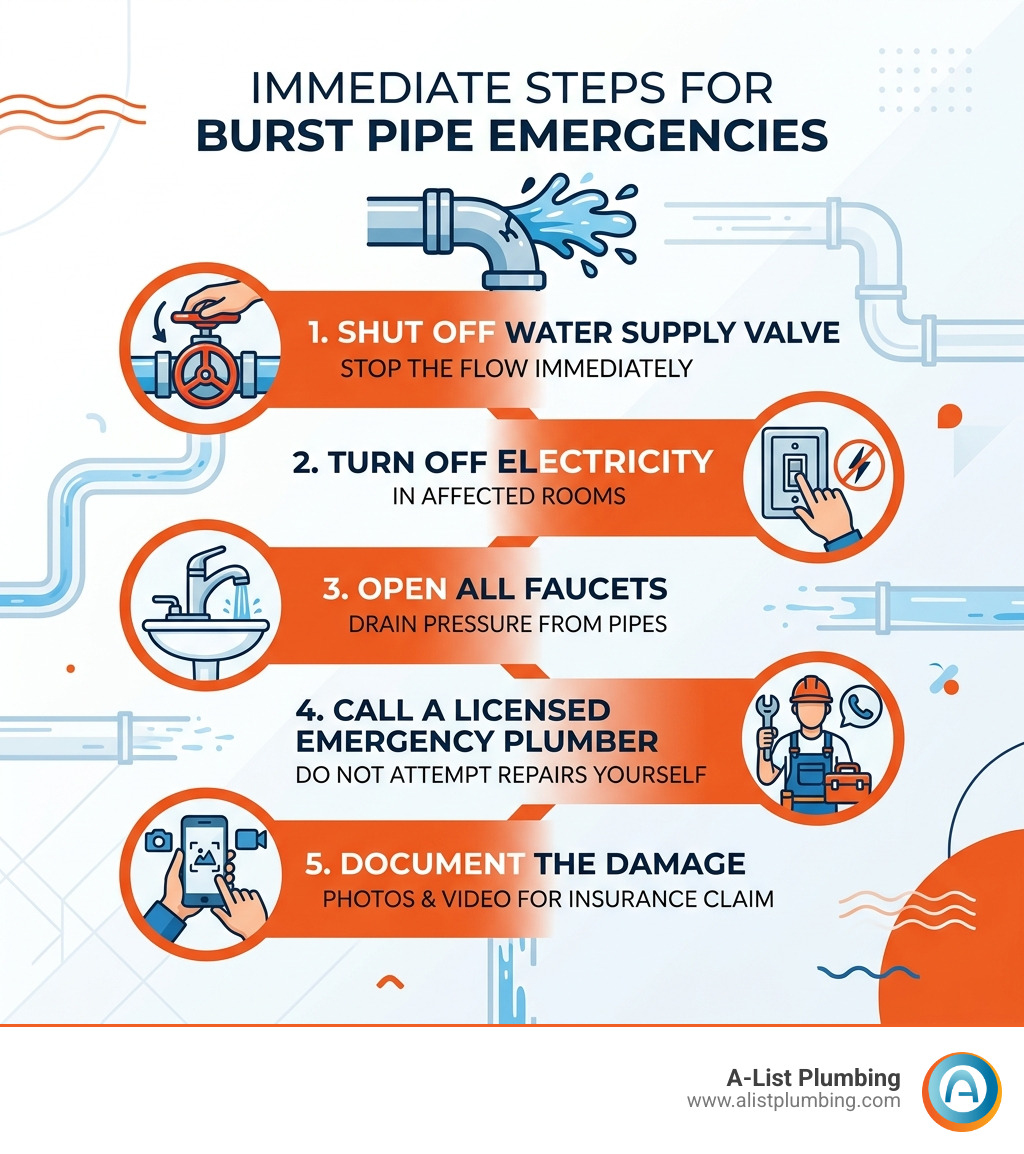 Immediate steps infographic for burst pipe emergencies including shut-off, safety, and calling a plumber - burst pipe