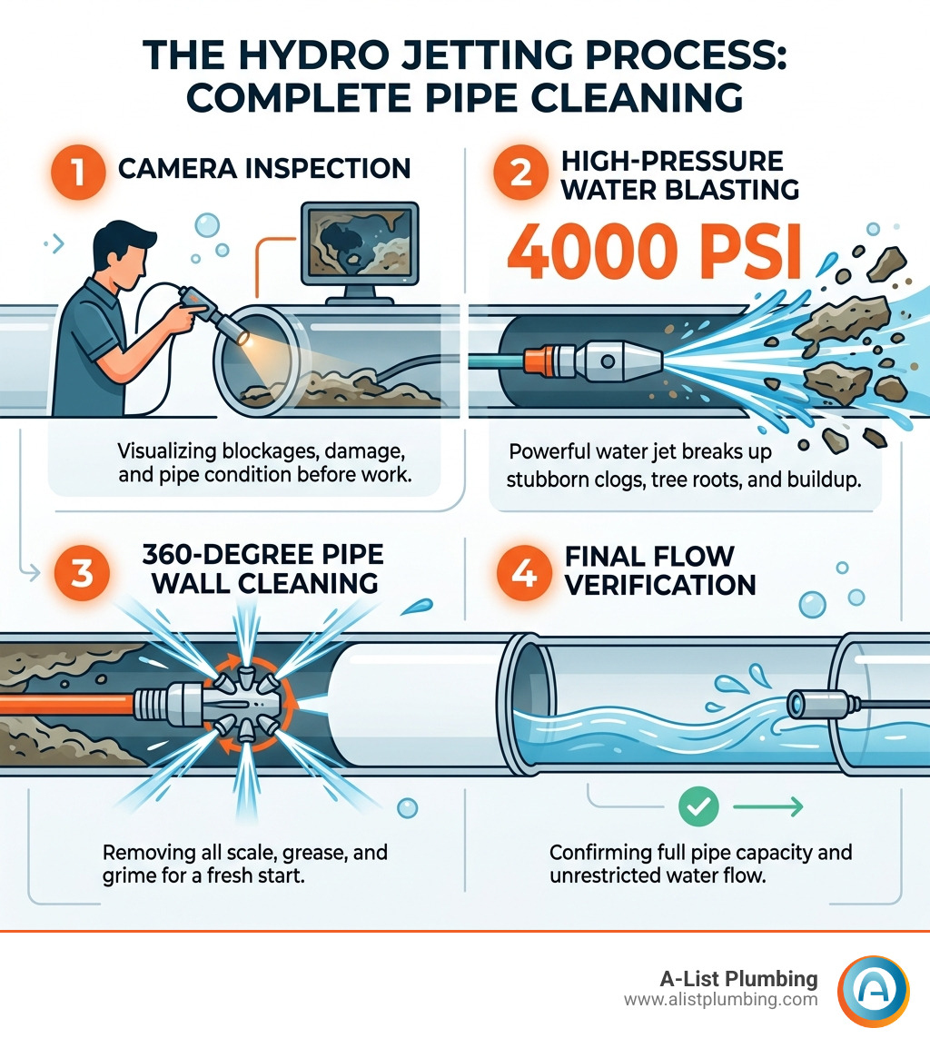 Infographic showing the hydro jetting process: camera inspection, high-pressure water blasting at 4000 PSI, 360-degree pipe