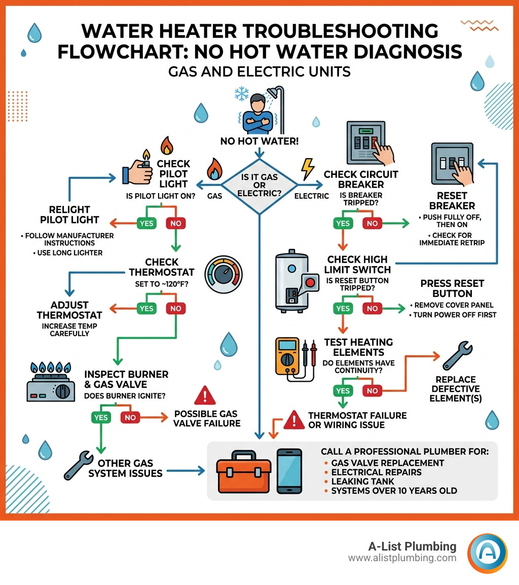 Water heater troubleshooting flowchart: no hot water diagnosis steps for gas and electric units - no hot water repair Water heater troubleshooting flowchart: no hot water diagnosis steps for gas and electric units - no hot water repair