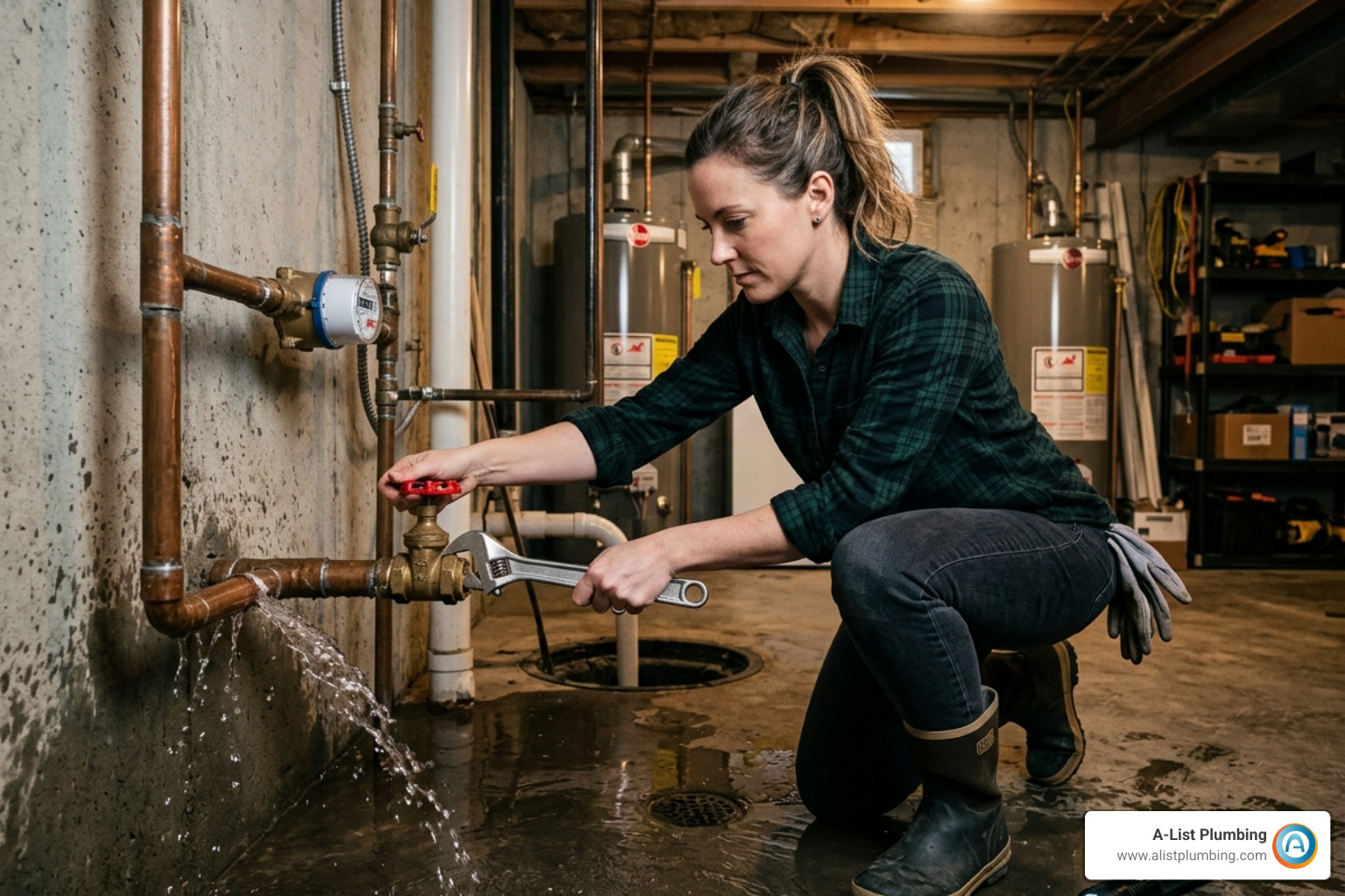 Homeowner turning off a main water shut-off valve to stop a leak - repair busted pipe