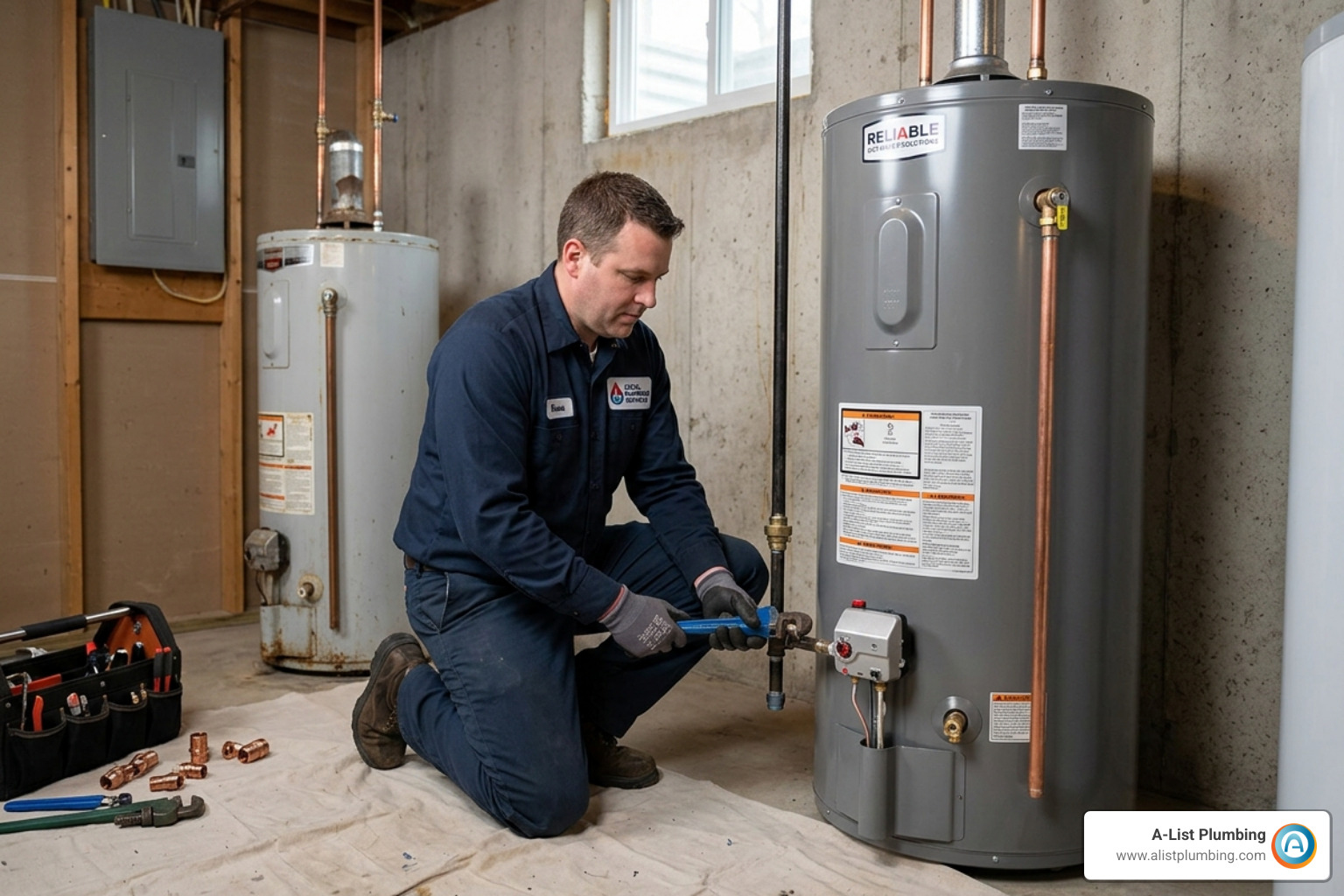 corroded anode rod and heavy sediment buildup inside an old water heater tank - water heater replacement near me