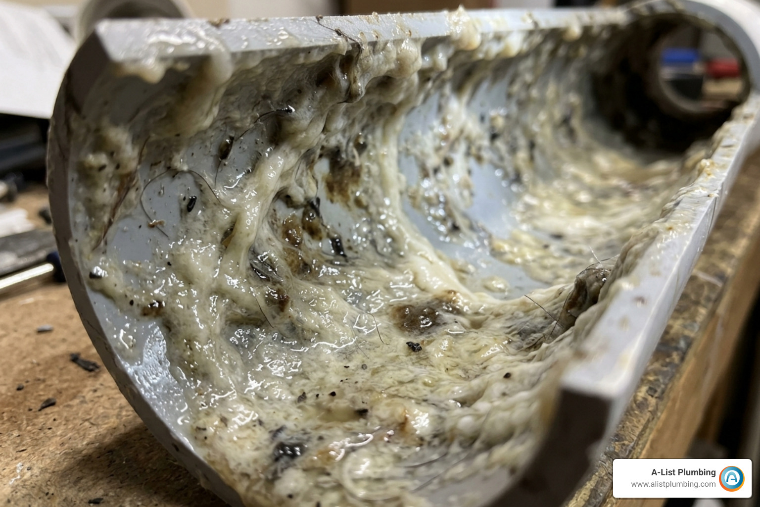biofilm and white slime inside a PVC pipe - clear drain pipe