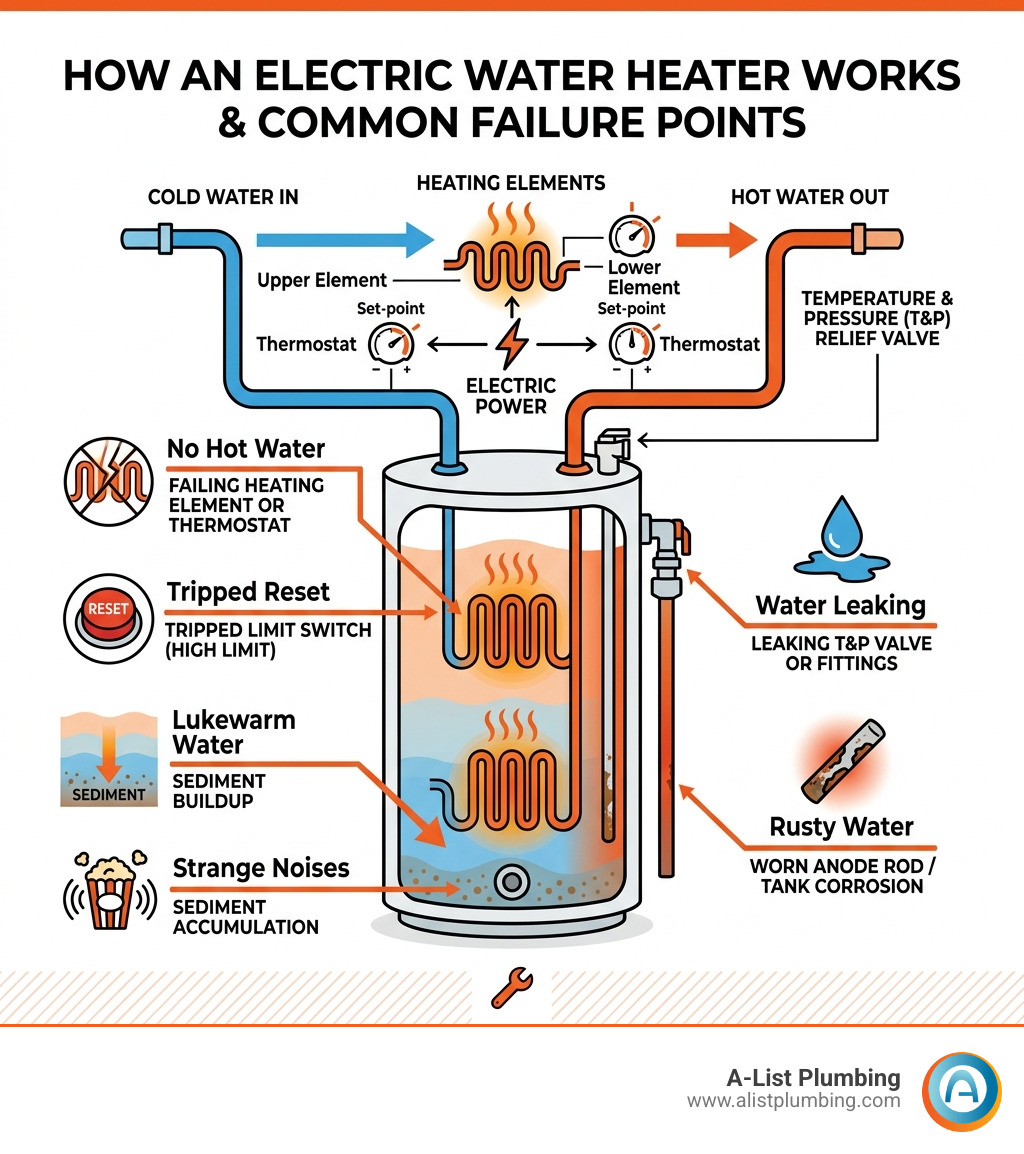 infographic showing how an electric water heater works and common failure points - electric water heater repair infographic 