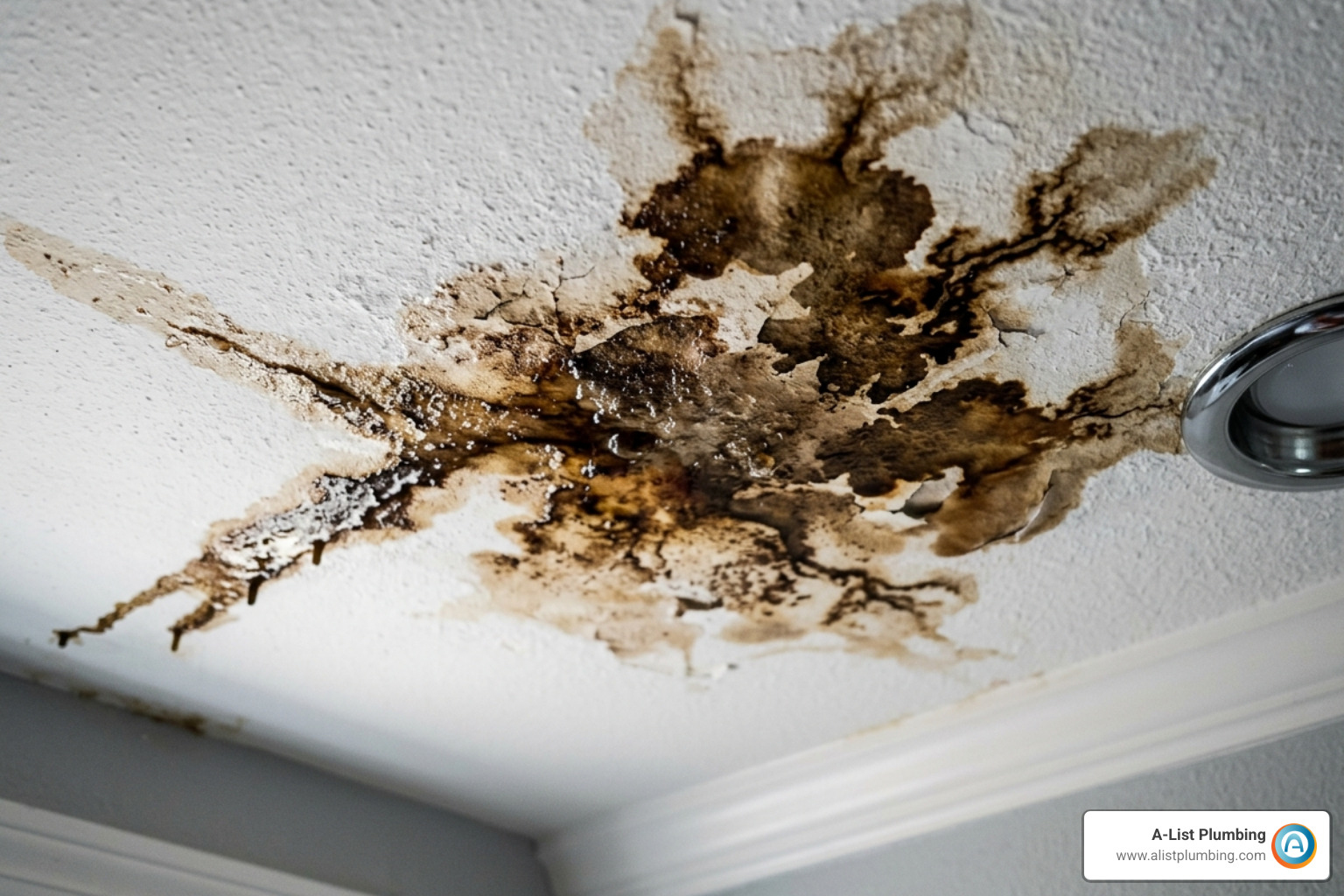 water stains on a ceiling from a leaking pipe - burst pipe plumber
