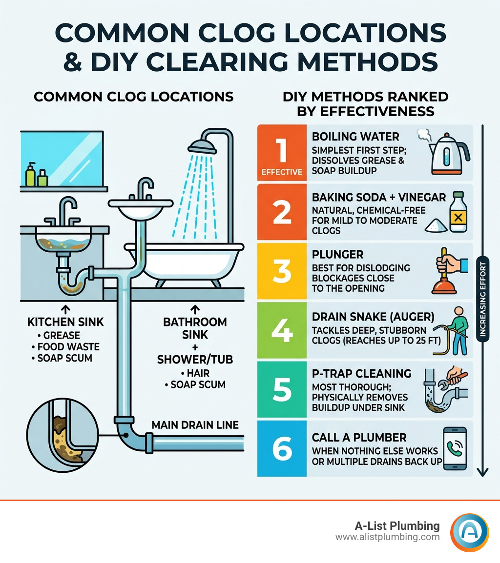 Infographic showing common clog locations and DIY methods ranked by effectiveness for home drains - best way to unclog a Infographic showing common clog locations and DIY methods ranked by effectiveness for home drains - best way to unclog a