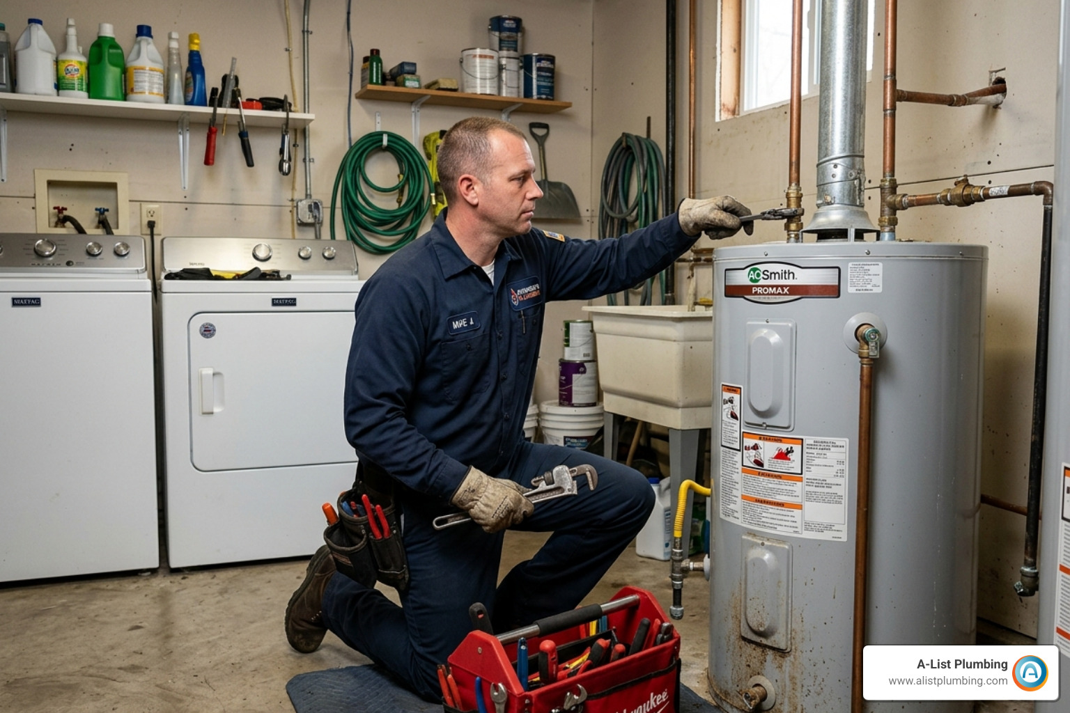 plumber in uniform repairing a residential water heater tank - cost for emergency plumber plumber in uniform repairing a residential water heater tank - cost for emergency plumber
