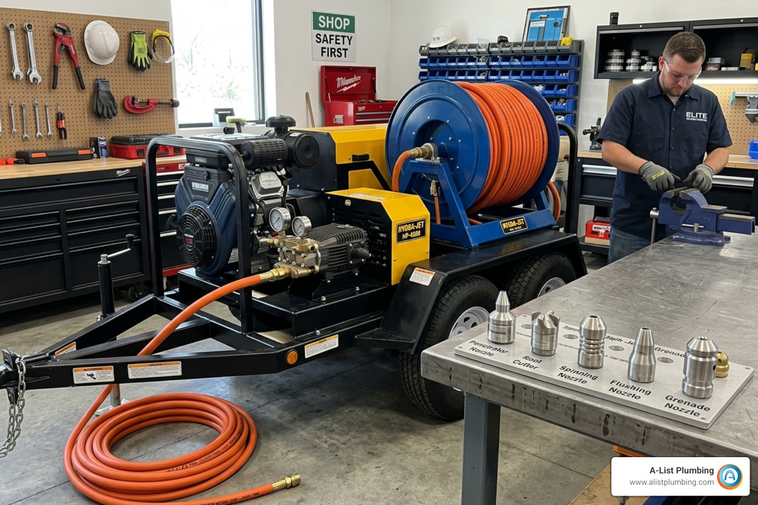 Professional hydro jetting equipment including high-pressure pump, heavy-duty hose, and various specialized nozzle