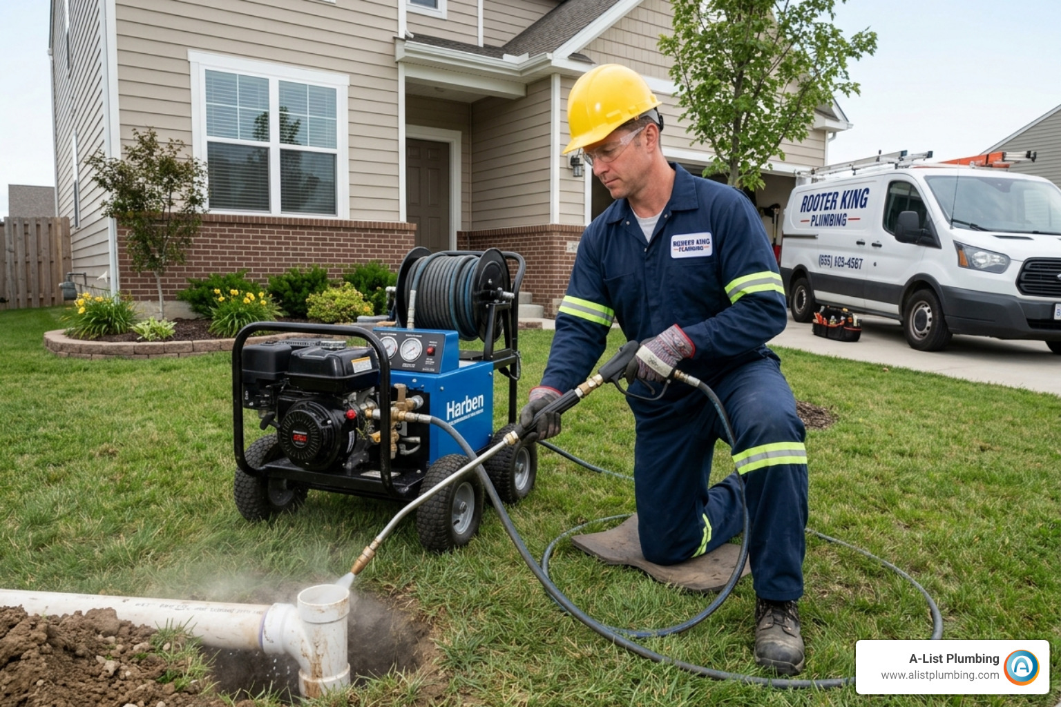 professional plumber using high-pressure water jetting equipment on a residential line - pipe cleaning services