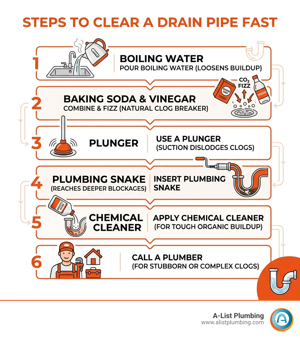 Steps to clear a drain pipe fast: boiling water, baking soda and vinegar, plunger, snake, chemical cleaner, call a plumber