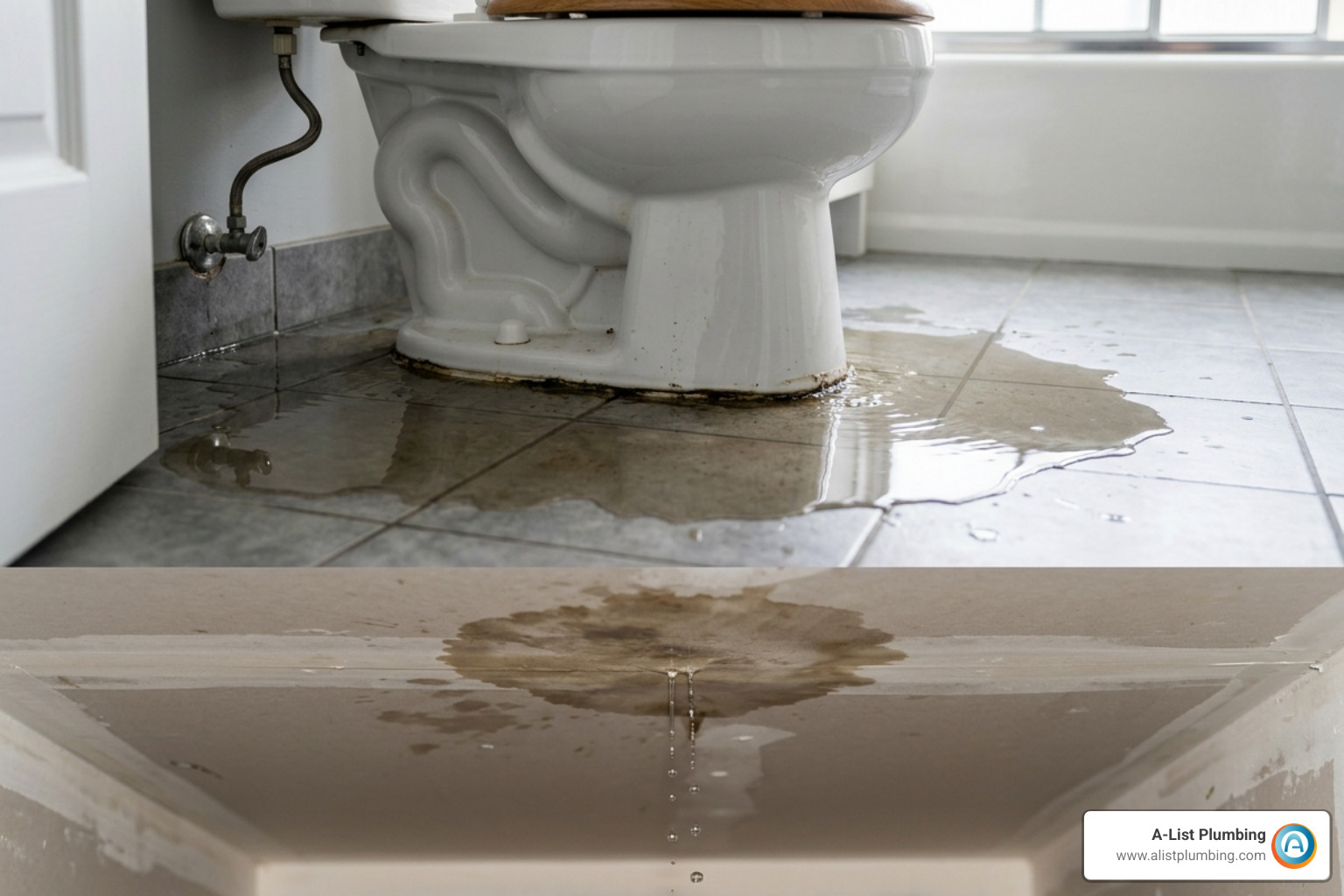 Water leaking through a bathroom floor due to a toilet seal failure - emergency plumber toilet Water leaking through a bathroom floor due to a toilet seal failure - emergency plumber toilet