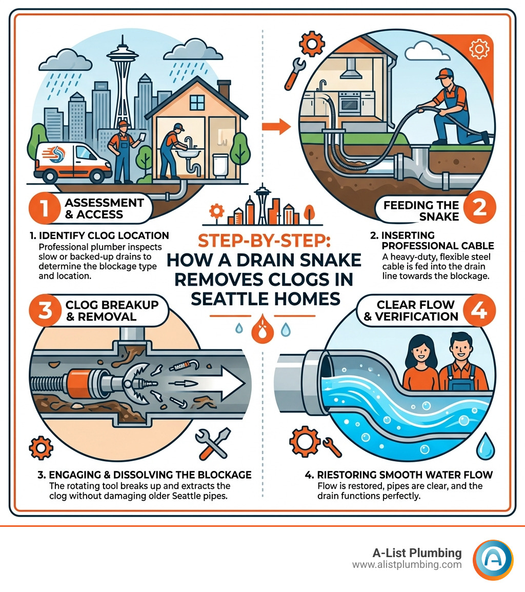 Infographic showing how a drain snake removes clogs step by step in Seattle homes - drain snake service Seattle infographic 