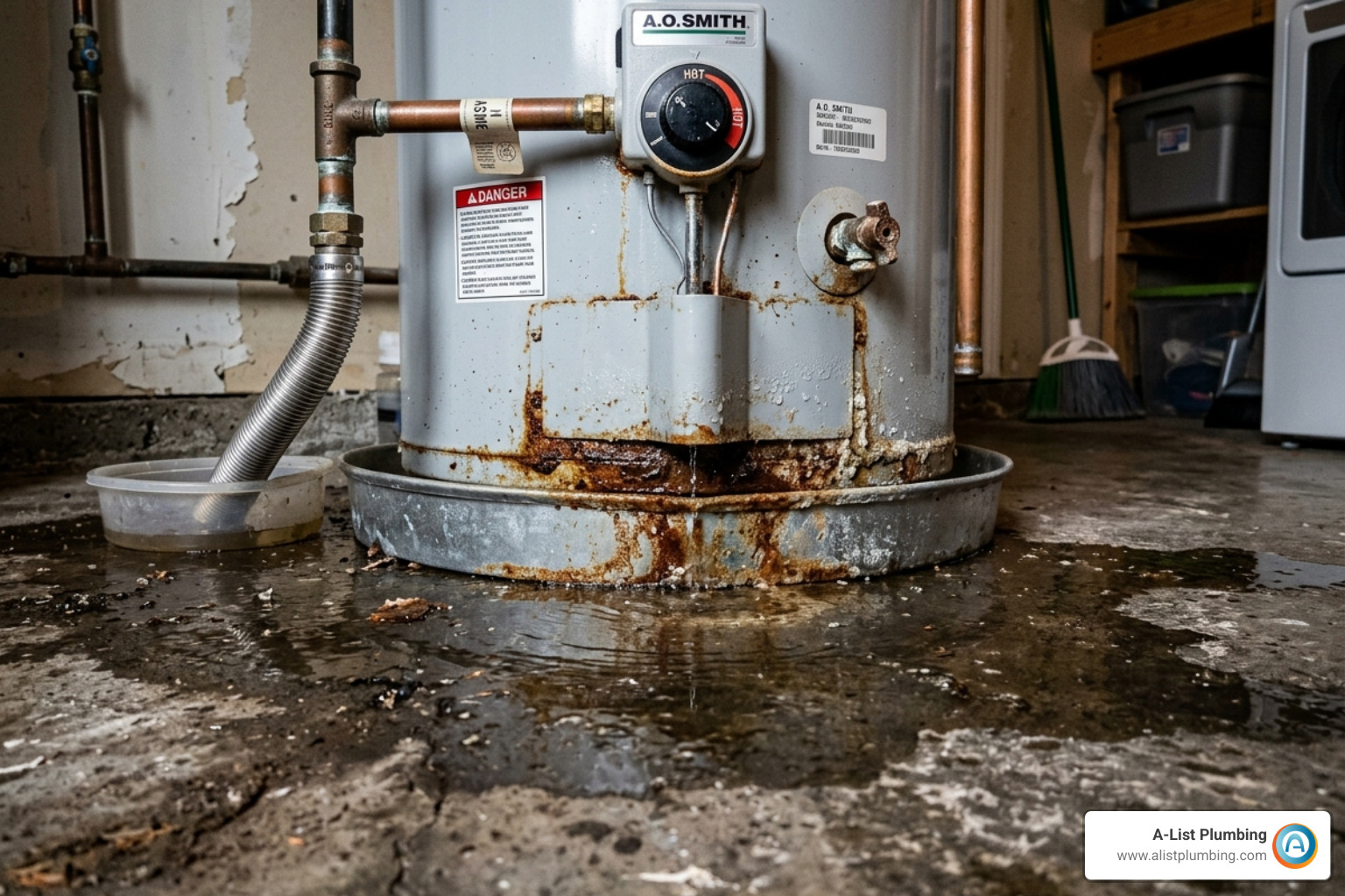 Leaking water heater base with water pooling on the floor - water heater repair technician