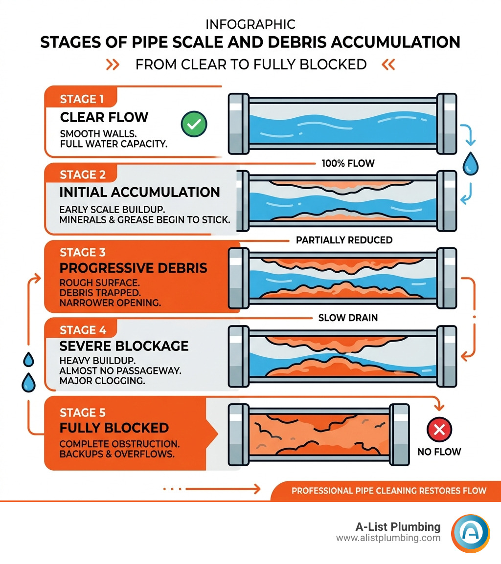 stages of pipe scale and debris accumulation from clear to fully blocked - pipe cleaning services infographic 