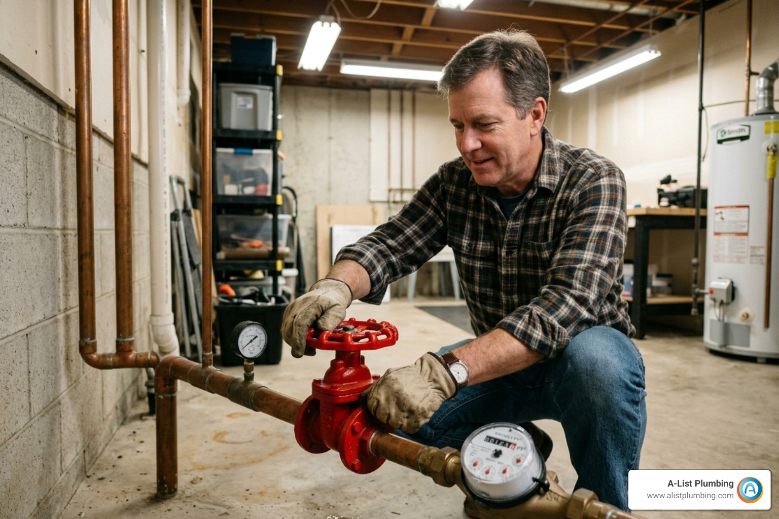 homeowner in a basement turning a red circular main water shutoff valve - cost for emergency plumber homeowner in a basement turning a red circular main water shutoff valve - cost for emergency plumber