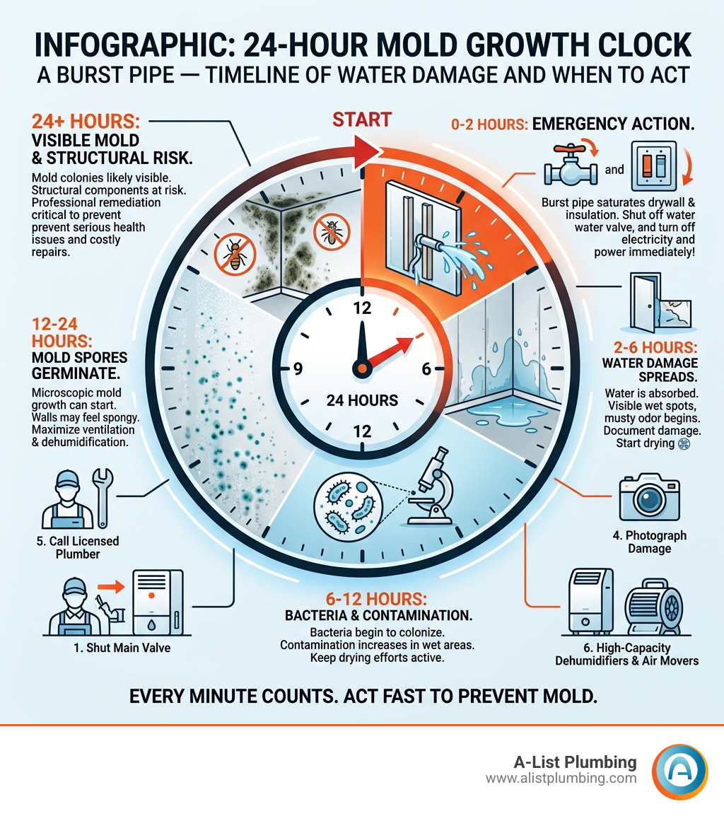 Infographic: 24-hour mold growth clock after a burst pipe — timeline of water damage and when to act - burst pipe in wall Infographic: 24-hour mold growth clock after a burst pipe — timeline of water damage and when to act - burst pipe in wall