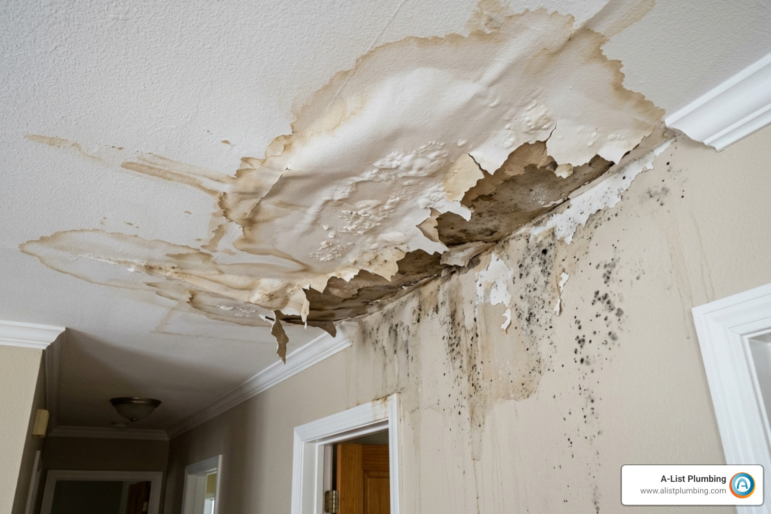 water damaged ceiling and drywall from a burst pipe - busted water pipe repair cost