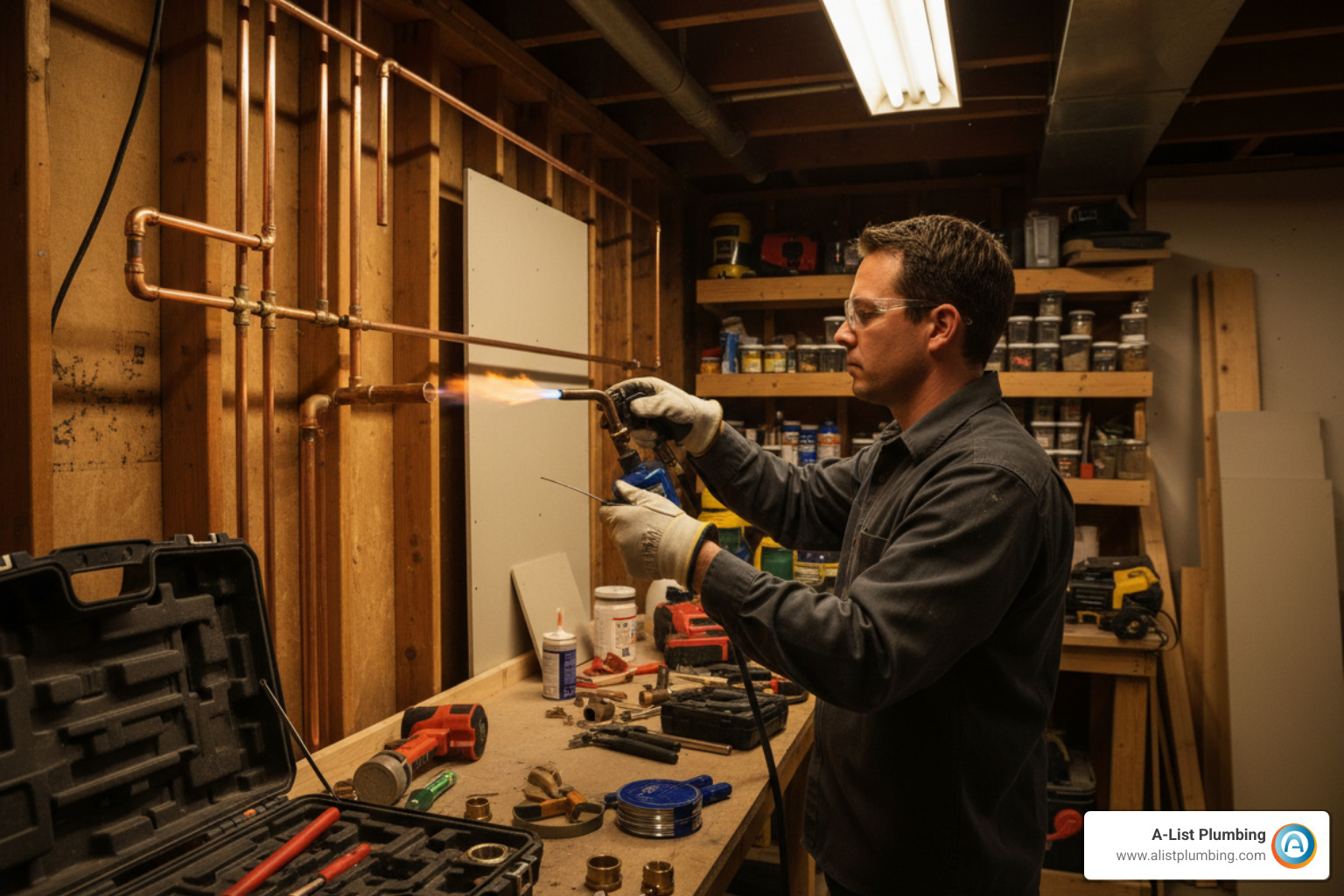 plumber soldering a copper joint with a propane torch - repair burst copper pipe plumber soldering a copper joint with a propane torch - repair burst copper pipe
