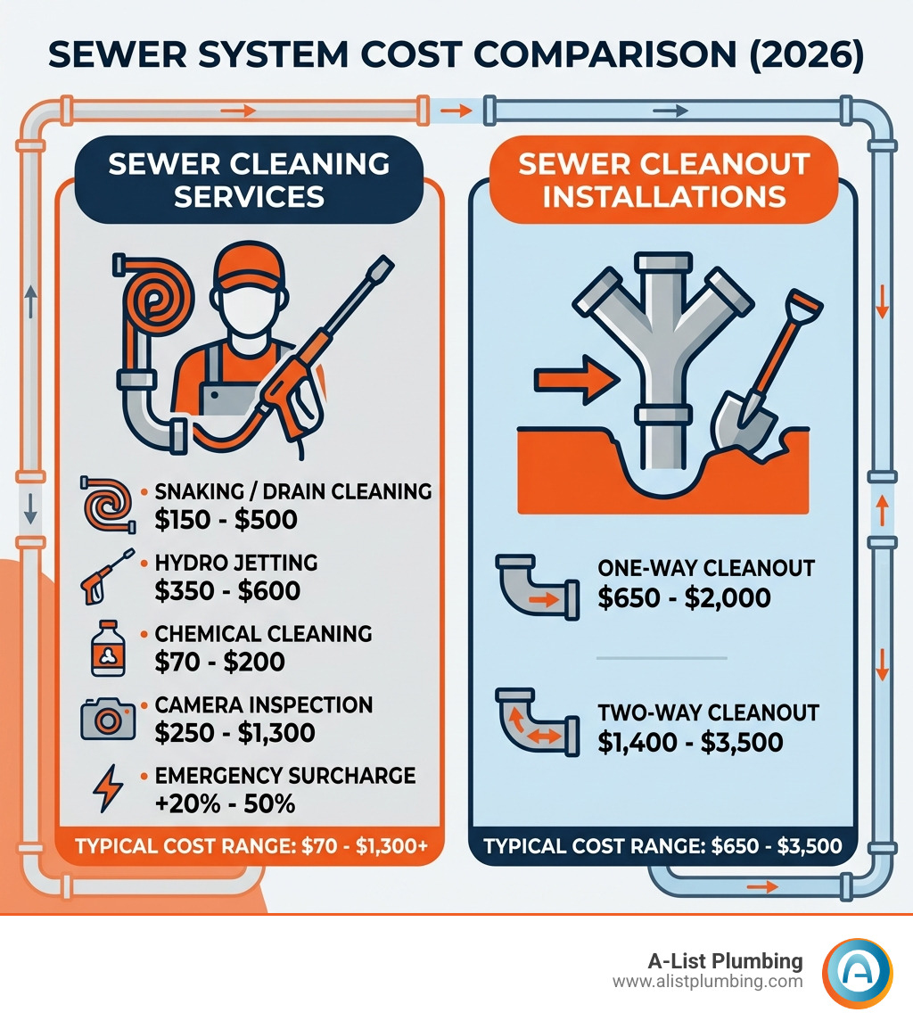 Infographic comparing sewer cleaning service costs vs. sewer cleanout installation costs with price ranges - sewer cleanout Infographic comparing sewer cleaning service costs vs. sewer cleanout installation costs with price ranges - sewer cleanout