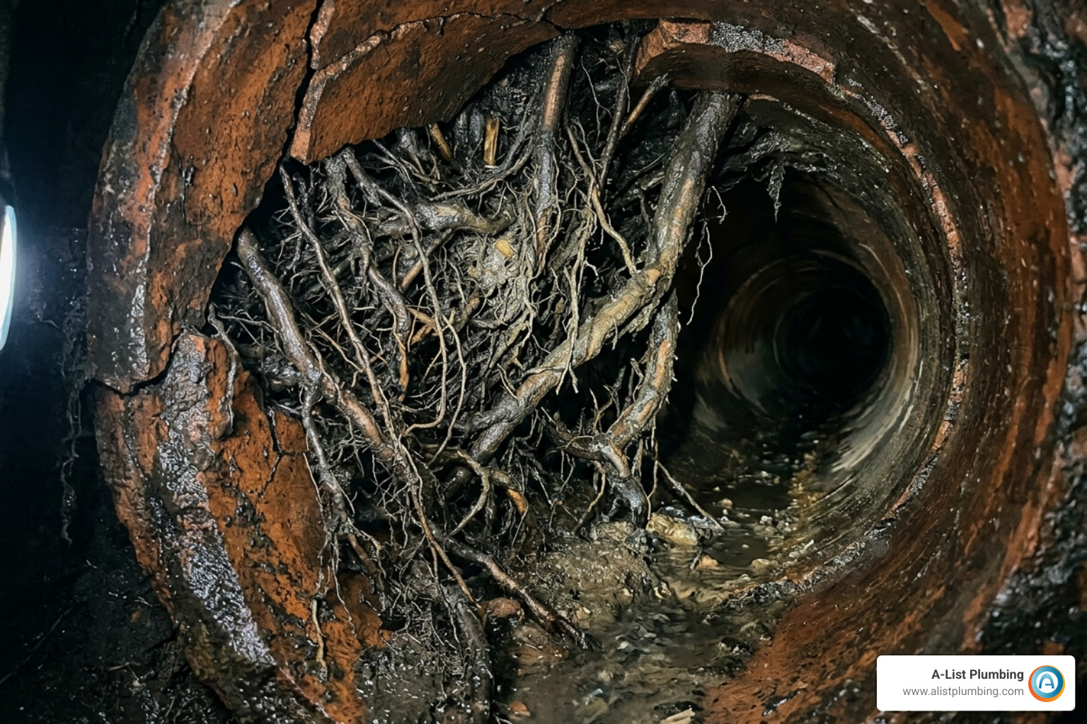 Tree root intrusion inside a cracked sewer pipe causing a major blockage - sewer cleanout cost Tree root intrusion inside a cracked sewer pipe causing a major blockage - sewer cleanout cost