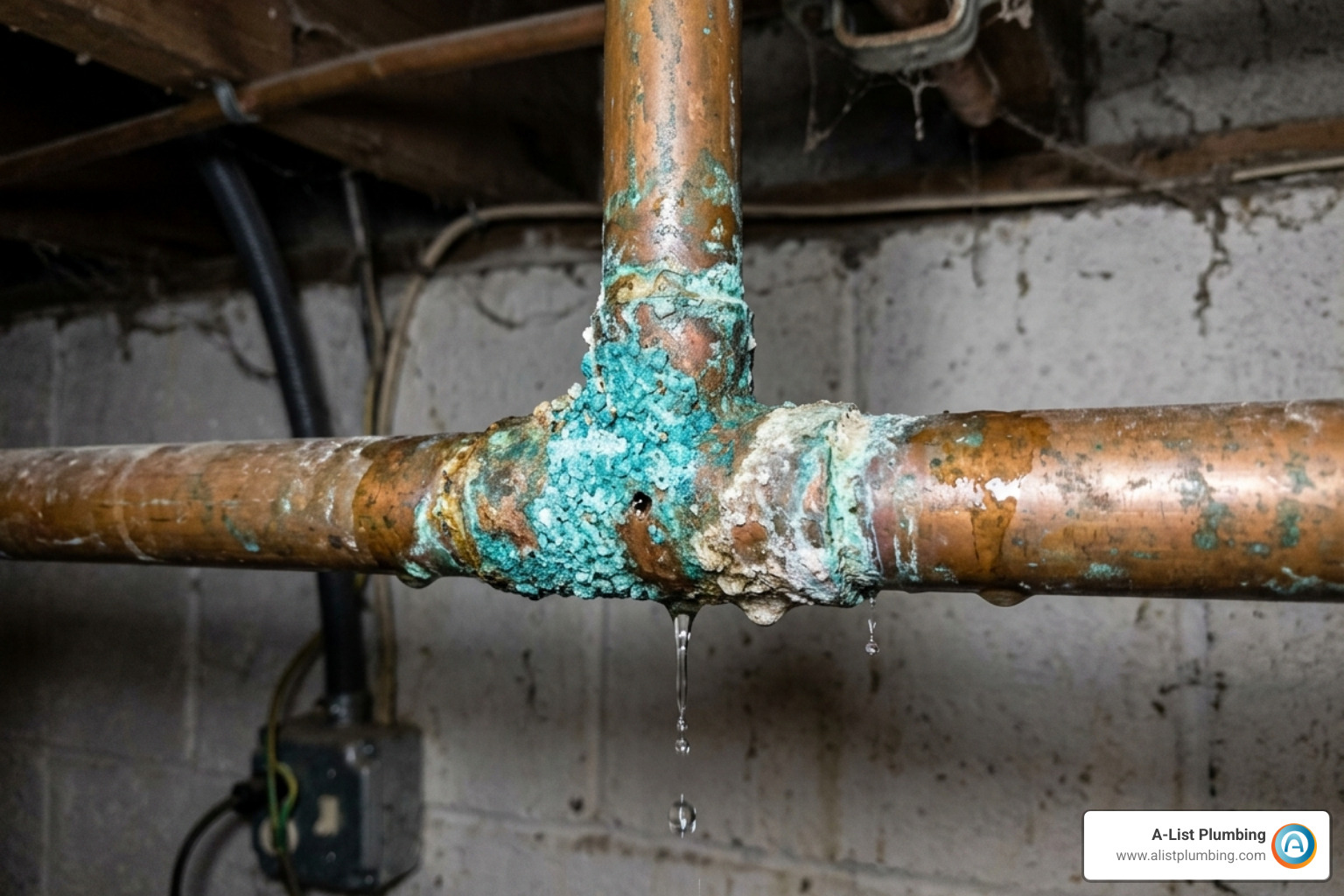 blue-green corrosion stains on a copper pipe joint - copper water pipe leaking