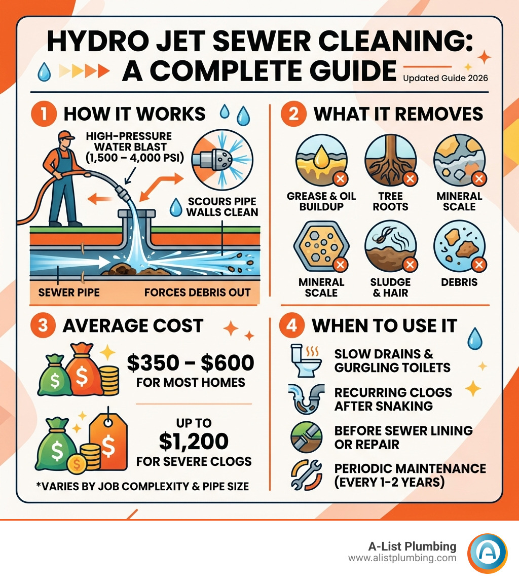 Infographic: how water jet sewer cleaning works, what it removes, costs, and when to use it - water jet sewer cleaning