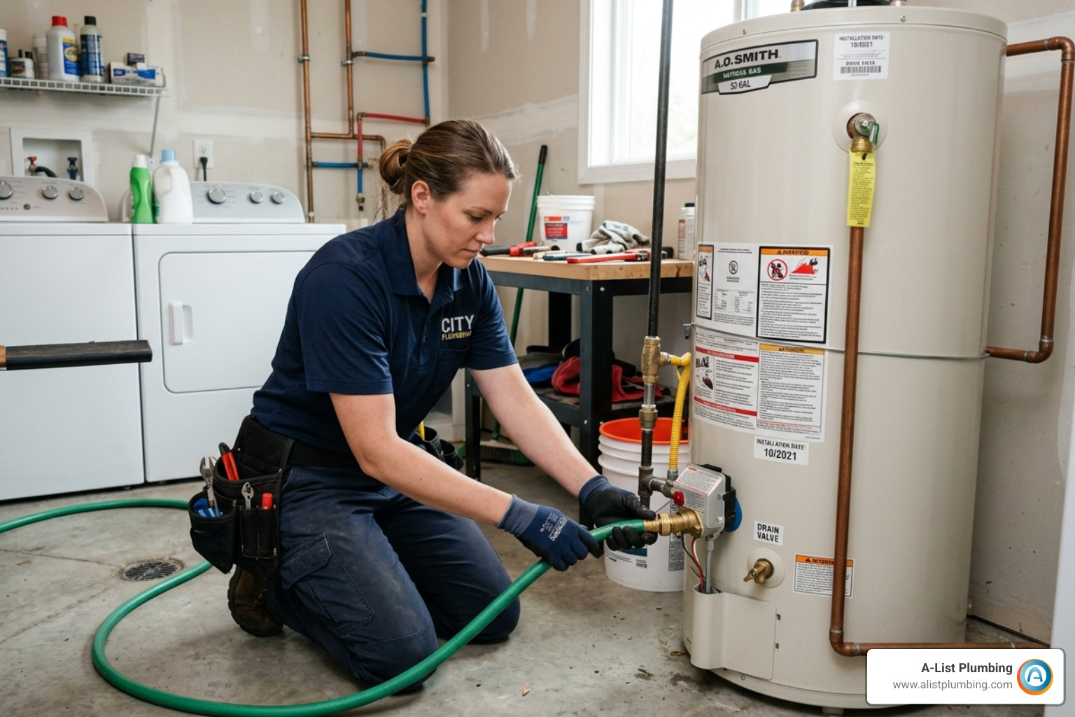 Plumber flushing a water heater tank to remove sediment - water heater noise repair