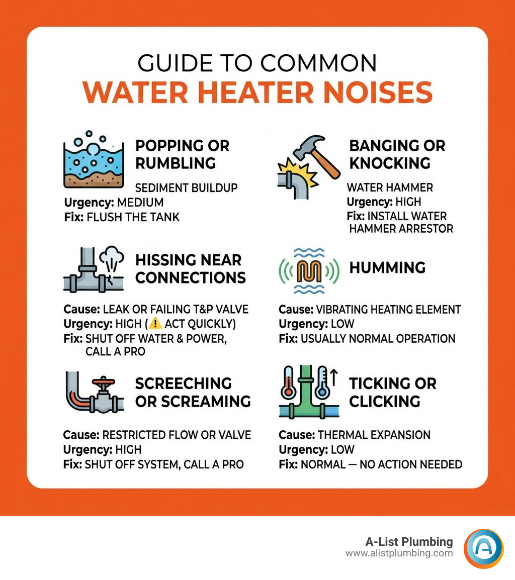 Common water heater noises, their causes, urgency levels, and recommended fixes - water heater noise repair infographic 