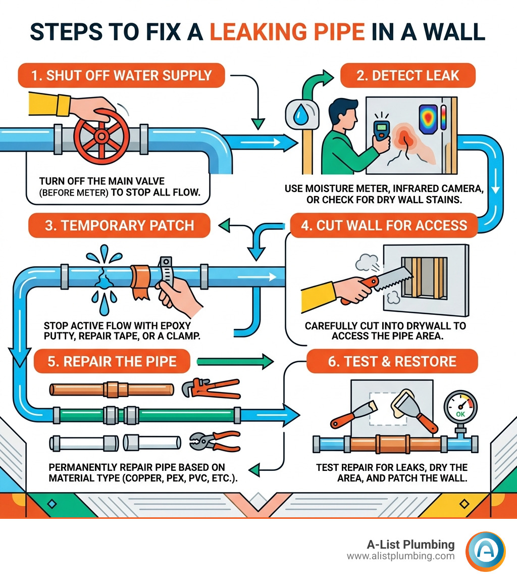 Steps to fix a leaking pipe in a wall: shut off water, detect leak, temporary patch, cut wall, repair pipe, test and restore Steps to fix a leaking pipe in a wall: shut off water, detect leak, temporary patch, cut wall, repair pipe, test and restore