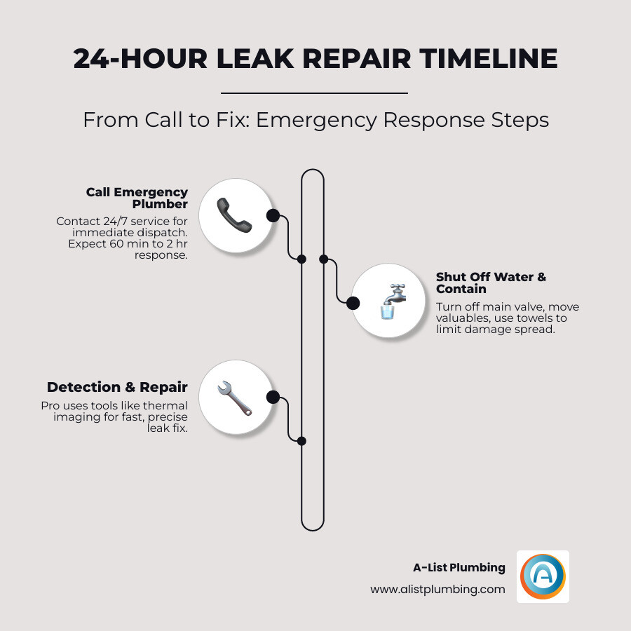 Timeline infographic: 24-hour emergency leak repair response steps from call to fix - 24 hour leak repair infographic Timeline infographic: 24-hour emergency leak repair response steps from call to fix - 24 hour leak repair infographic