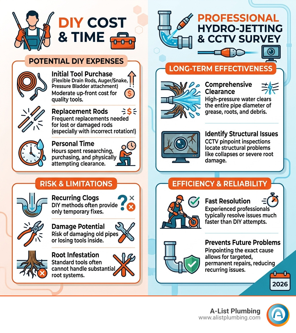 comparison of DIY costs vs professional hydro-jetting and CCTV surveys - unblock outdoor drain infographic comparison of DIY costs vs professional hydro-jetting and CCTV surveys - unblock outdoor drain infographic