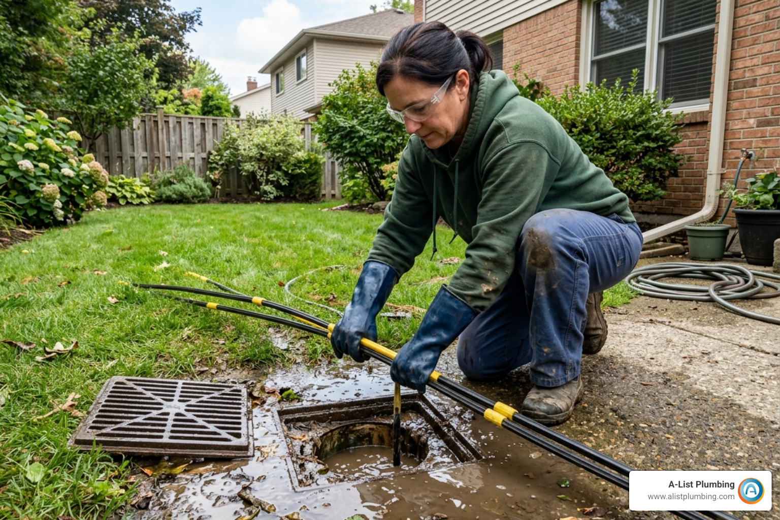 homeowner wearing protective gear using drain rods to clear an outdoor blockage - unblock outdoor drain homeowner wearing protective gear using drain rods to clear an outdoor blockage - unblock outdoor drain