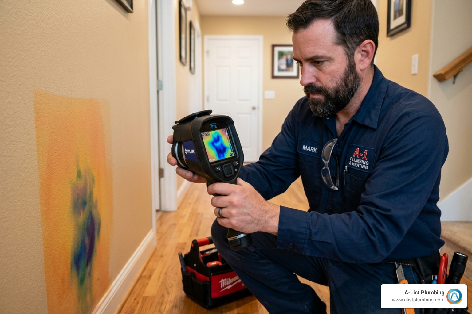 Professional plumber using thermal imaging camera to find a hidden leak behind a wall - 24 hour leak repair Professional plumber using thermal imaging camera to find a hidden leak behind a wall - 24 hour leak repair