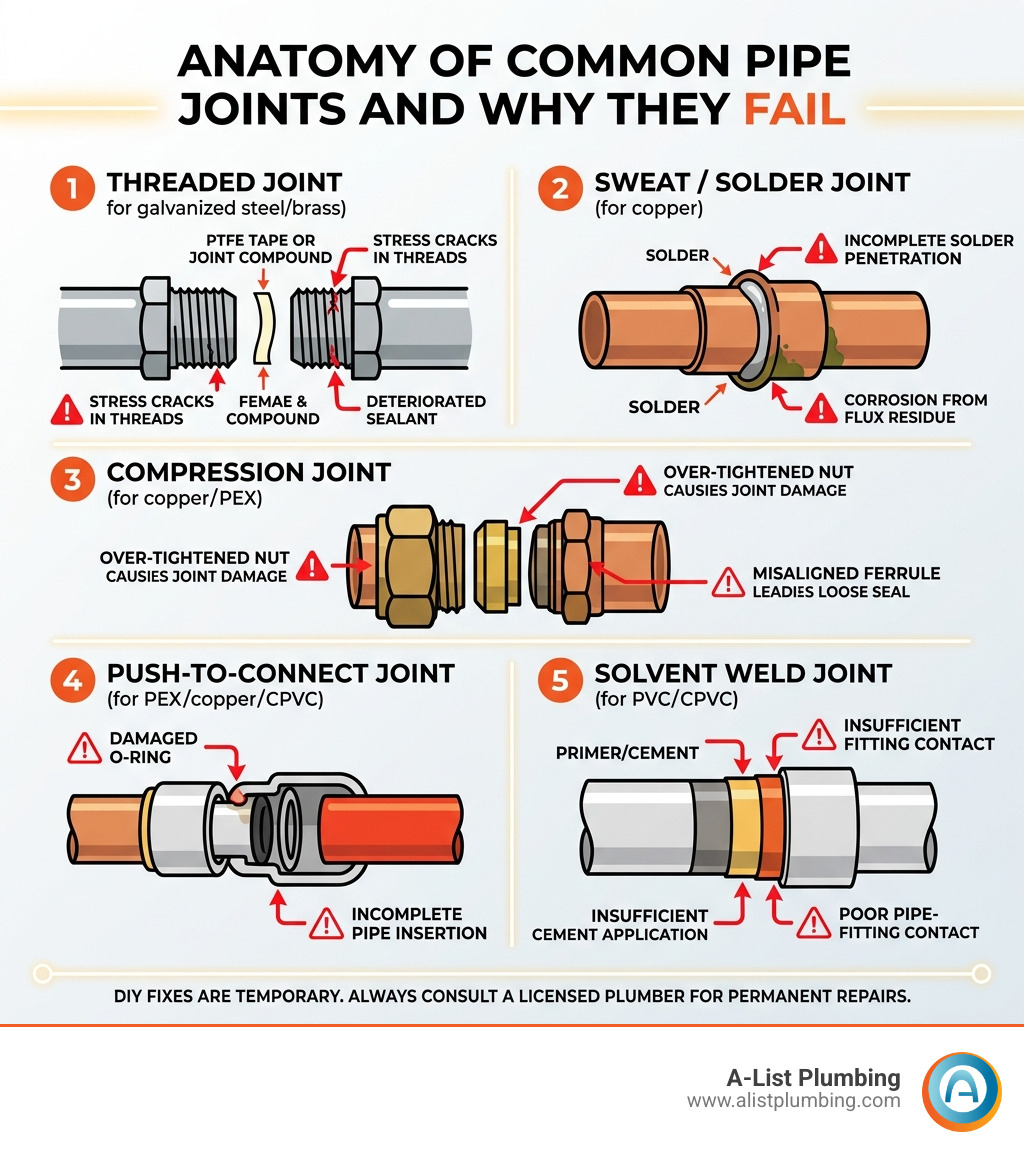 Anatomy of common pipe joints and why they fail — infographic showing joint types and failure points - leaking pipe joint
