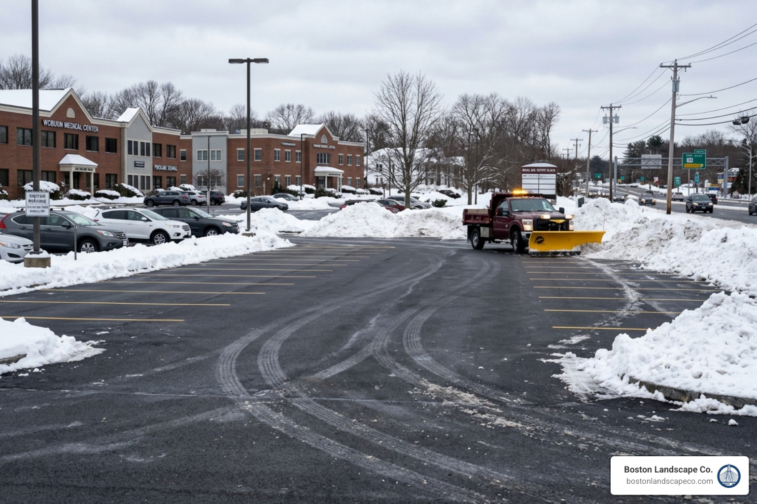 Snow-cleared commercial parking lot in Woburn, MA - wuburn lancaspe