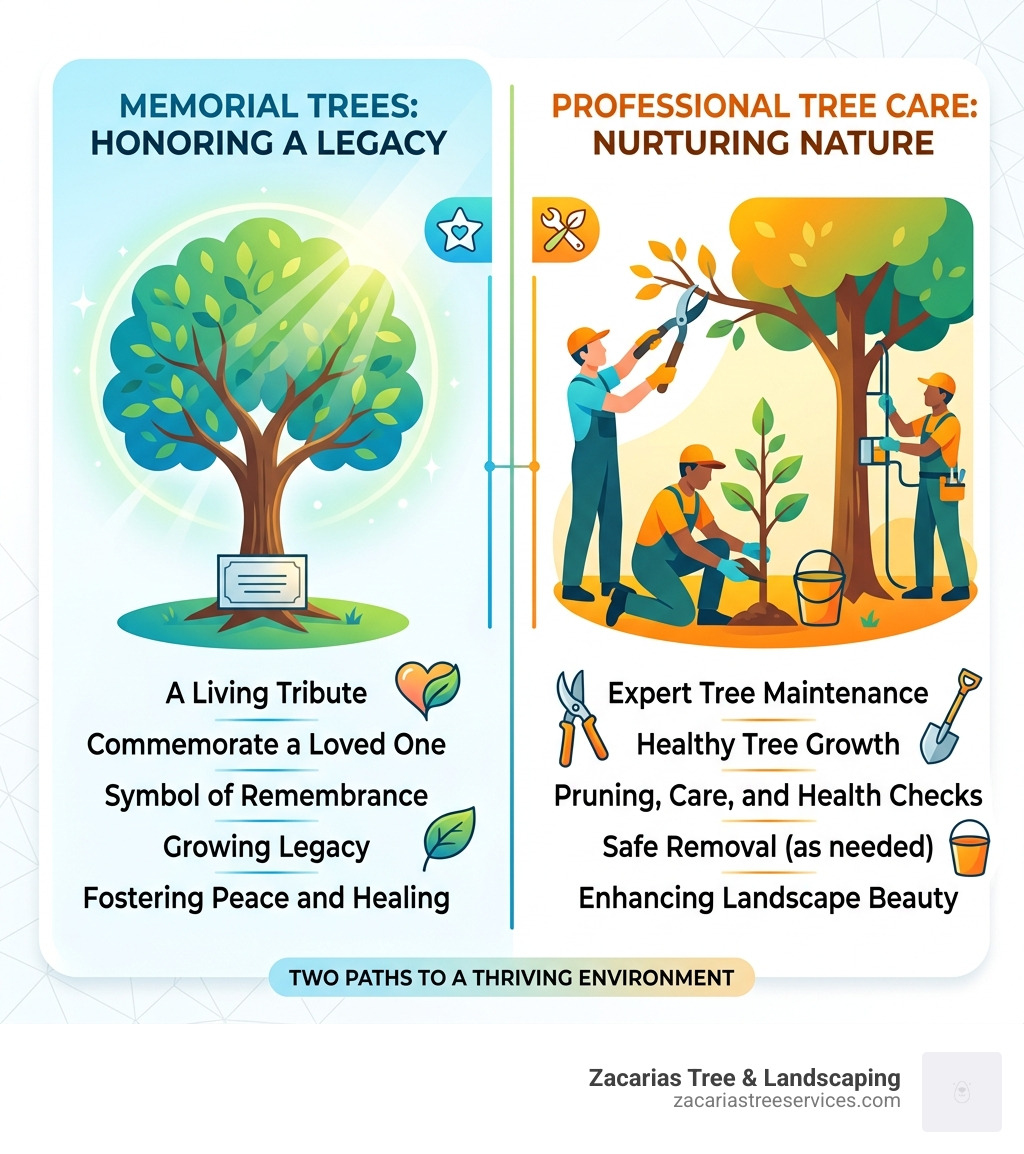 Infographic explaining the difference between memorial trees and professional tree care services - zakarias tree in ma