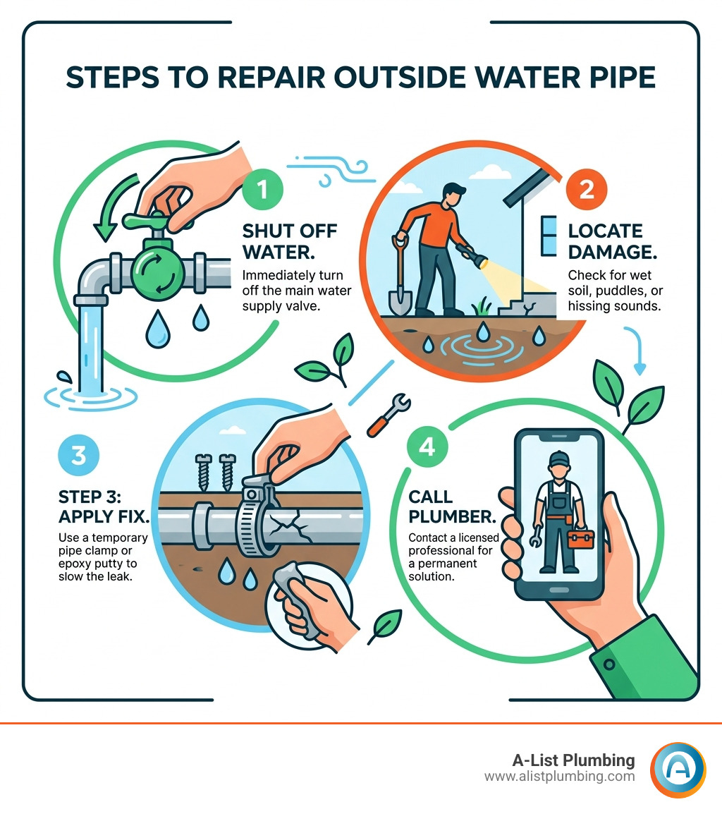 Steps to repair outside water pipe: shut off water, locate damage, apply fix, call plumber - repair outside water pipe Steps to repair outside water pipe: shut off water, locate damage, apply fix, call plumber - repair outside water pipe