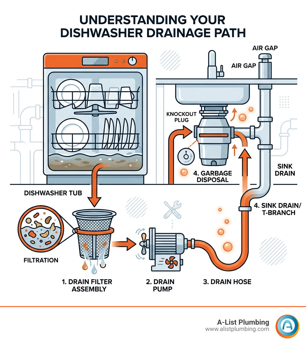 Infographic showing dishwasher drainage path from tub through filter, pump, drain hose, to sink drain or garbage disposal Infographic showing dishwasher drainage path from tub through filter, pump, drain hose, to sink drain or garbage disposal