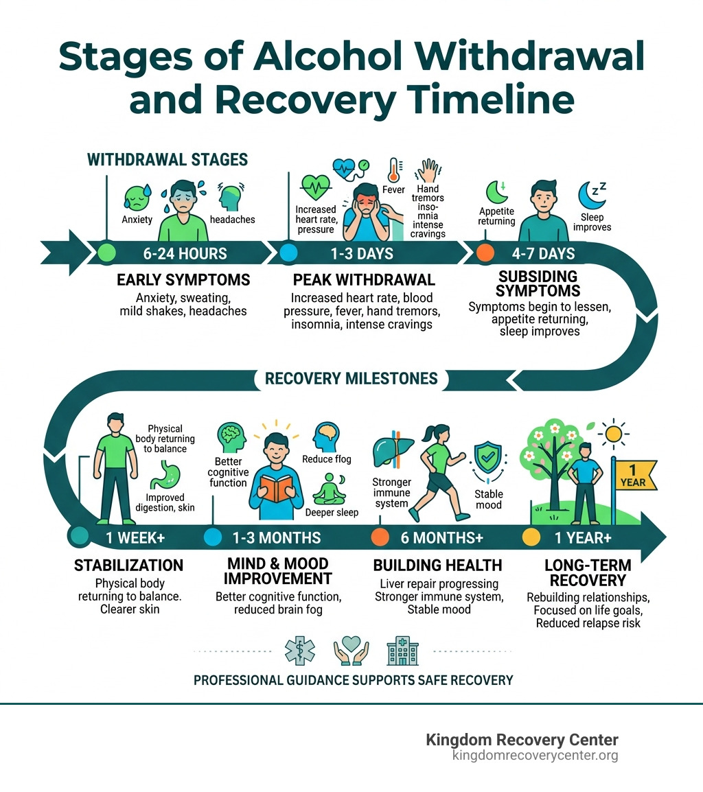 Stages of alcohol withdrawal and recovery timeline infographic - Knoxville alcohol addiction treatment infographic 