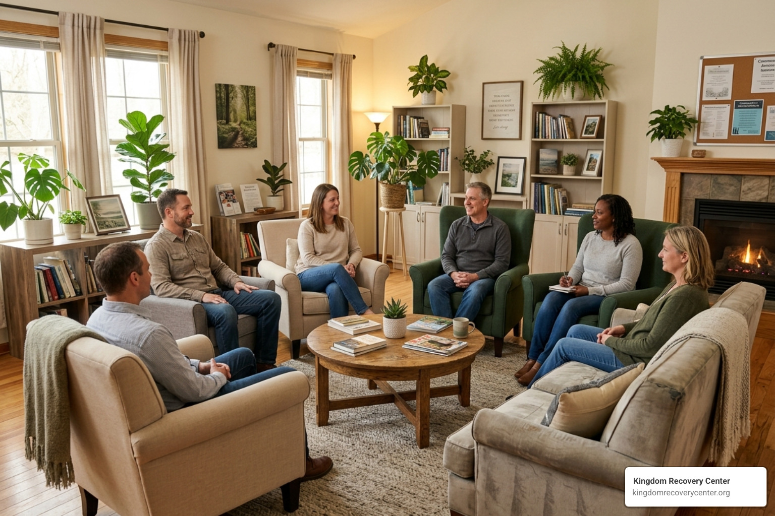 A comfortable residential treatment common area with warm lighting and supportive seating - Knoxville alcohol addiction