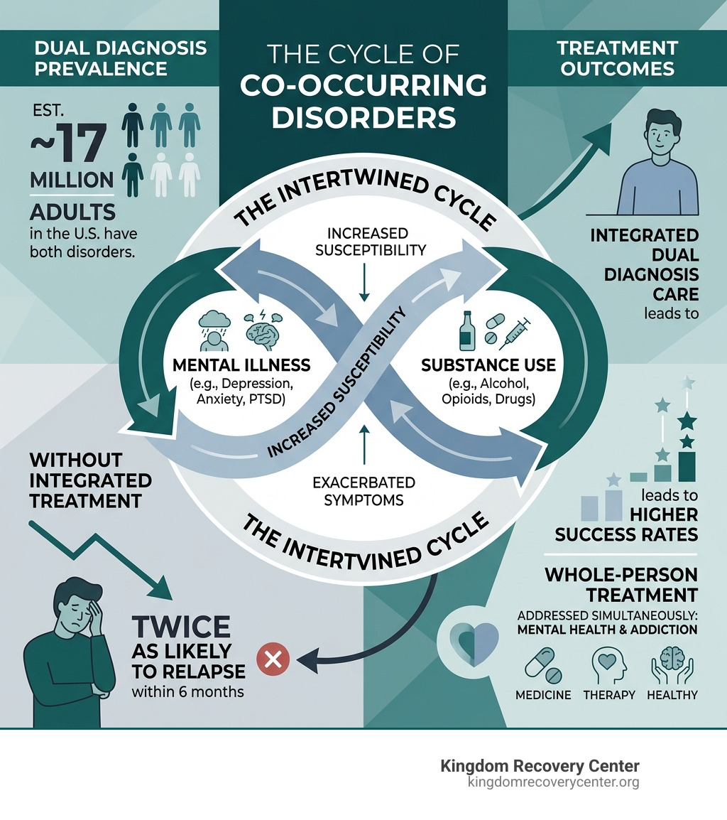 Infographic showing the cycle of addiction and mental illness, with stats on dual diagnosis prevalence and treatment