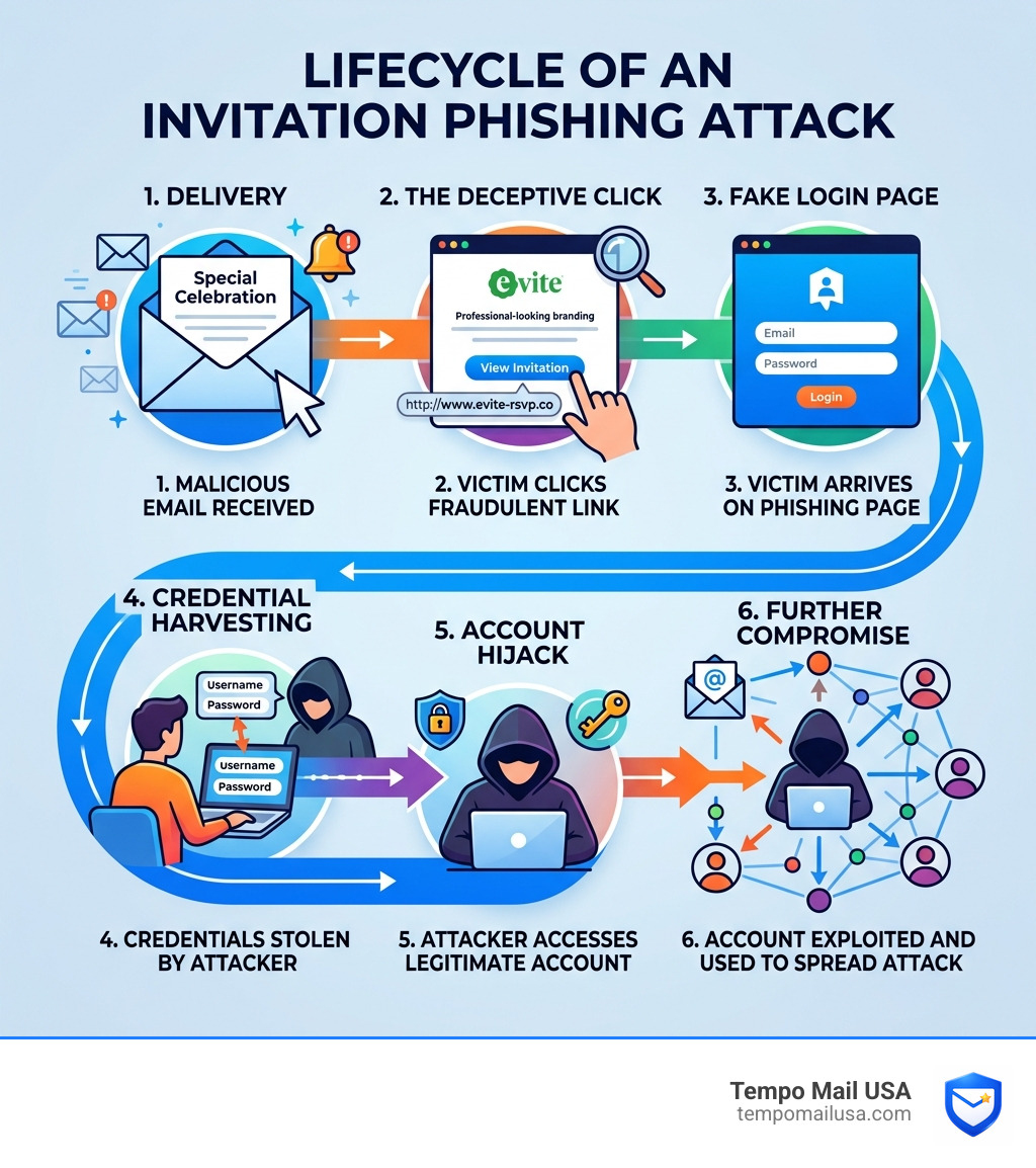 Lifecycle of an invitation-based phishing attack from delivery to account hijack - evite scam infographic Lifecycle of an invitation-based phishing attack from delivery to account hijack - evite scam infographic