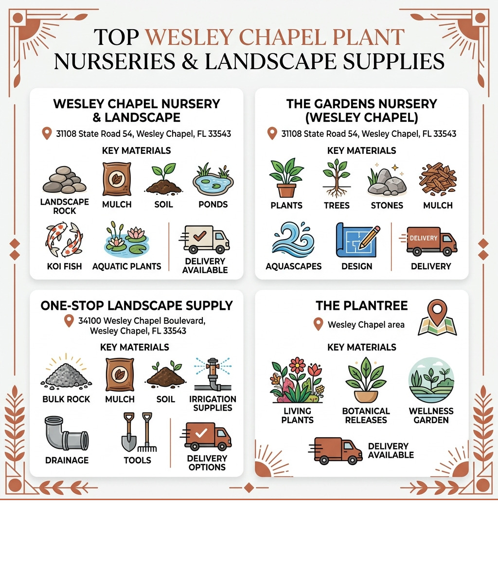 Infographic showing top Wesley Chapel plant nurseries with addresses, key materials, and delivery options - plant nursery Infographic showing top Wesley Chapel plant nurseries with addresses, key materials, and delivery options - plant nursery
