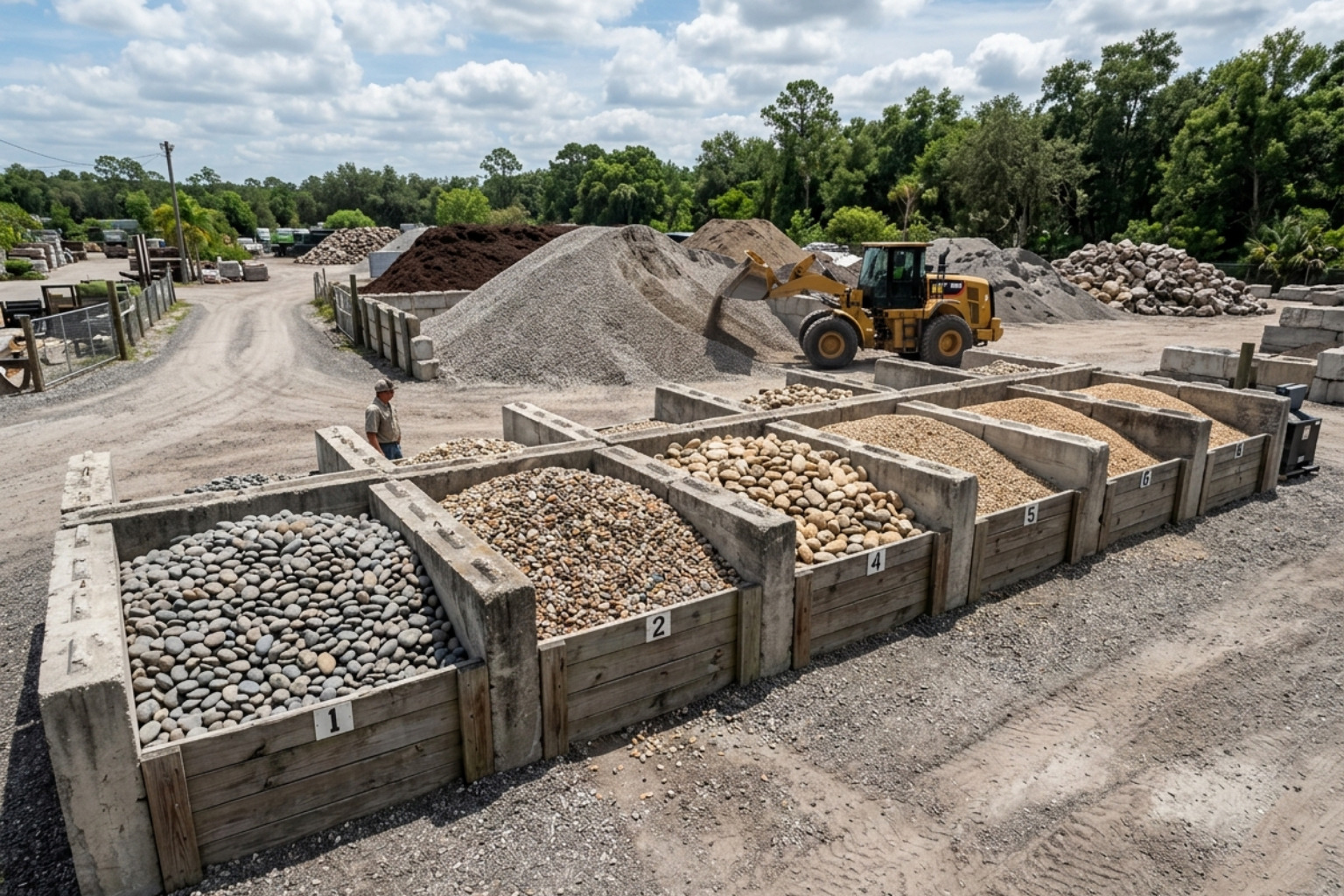 Bulk stone bins containing river rock and decorative pebbles at a Wesley Chapel landscape supplier - plant nursery wesley Bulk stone bins containing river rock and decorative pebbles at a Wesley Chapel landscape supplier - plant nursery wesley